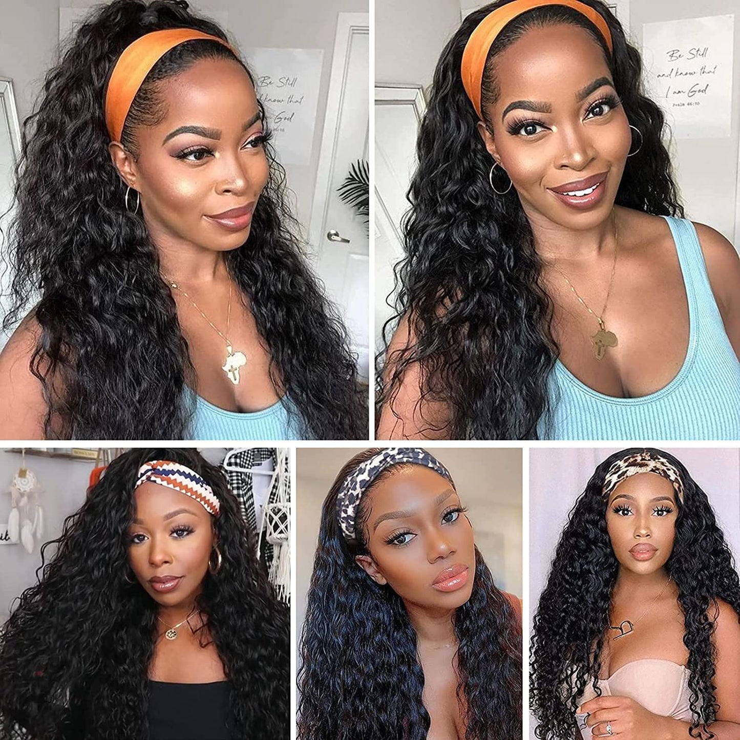 Headband Wig Water Wave Headband Wigs for Women Black Synthetic Curly Headband Wig 26 Inch Glueless Half Wig 180% Density Wigs with Headbands Attached Natural for Daily Use (26 Inch (Pack of 1), 1B)