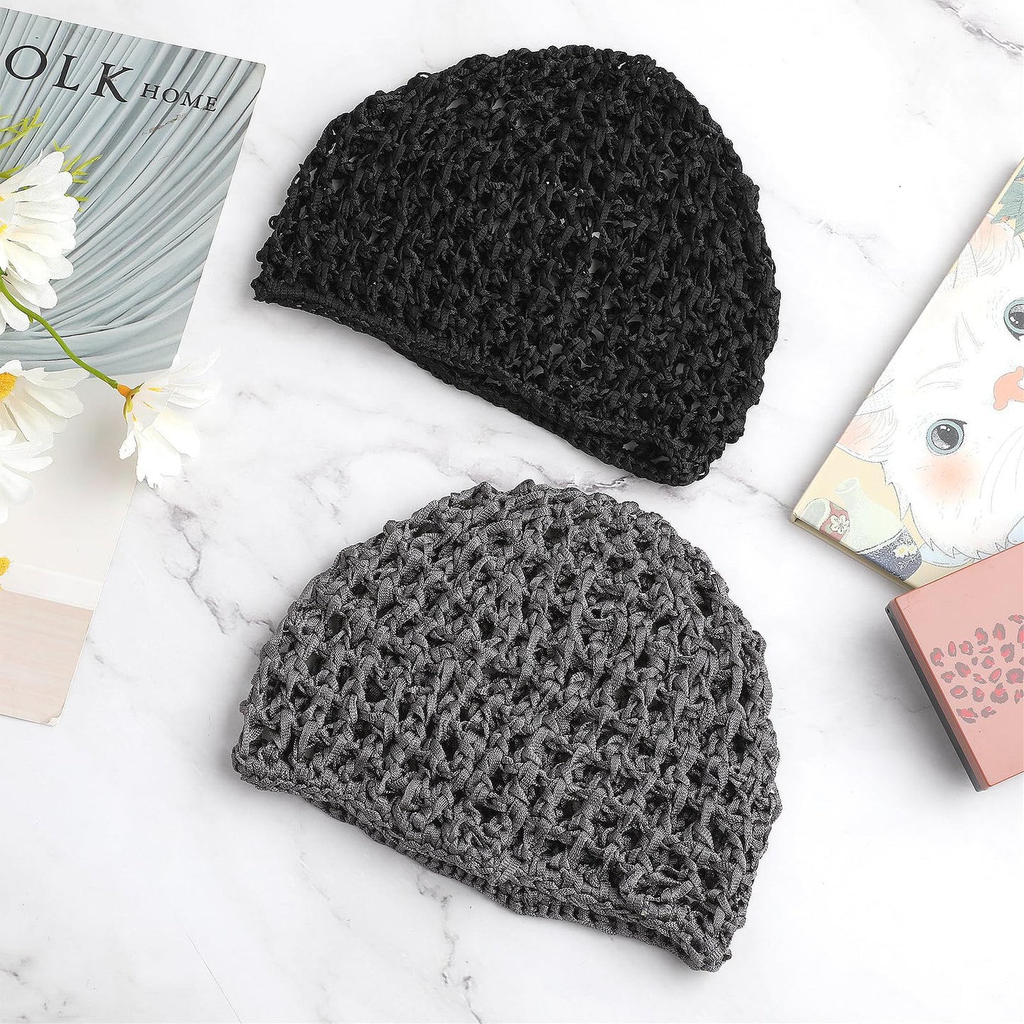 WLLHYF 2 PCS Wig Cap Hair Net Sleeping Bonnets Essentials Hairnets Elastic Bands Wrap Grip Crochet Braided Satin Cosplay Head Making Fix Mesh Sew Headwear Night Hats Women Men