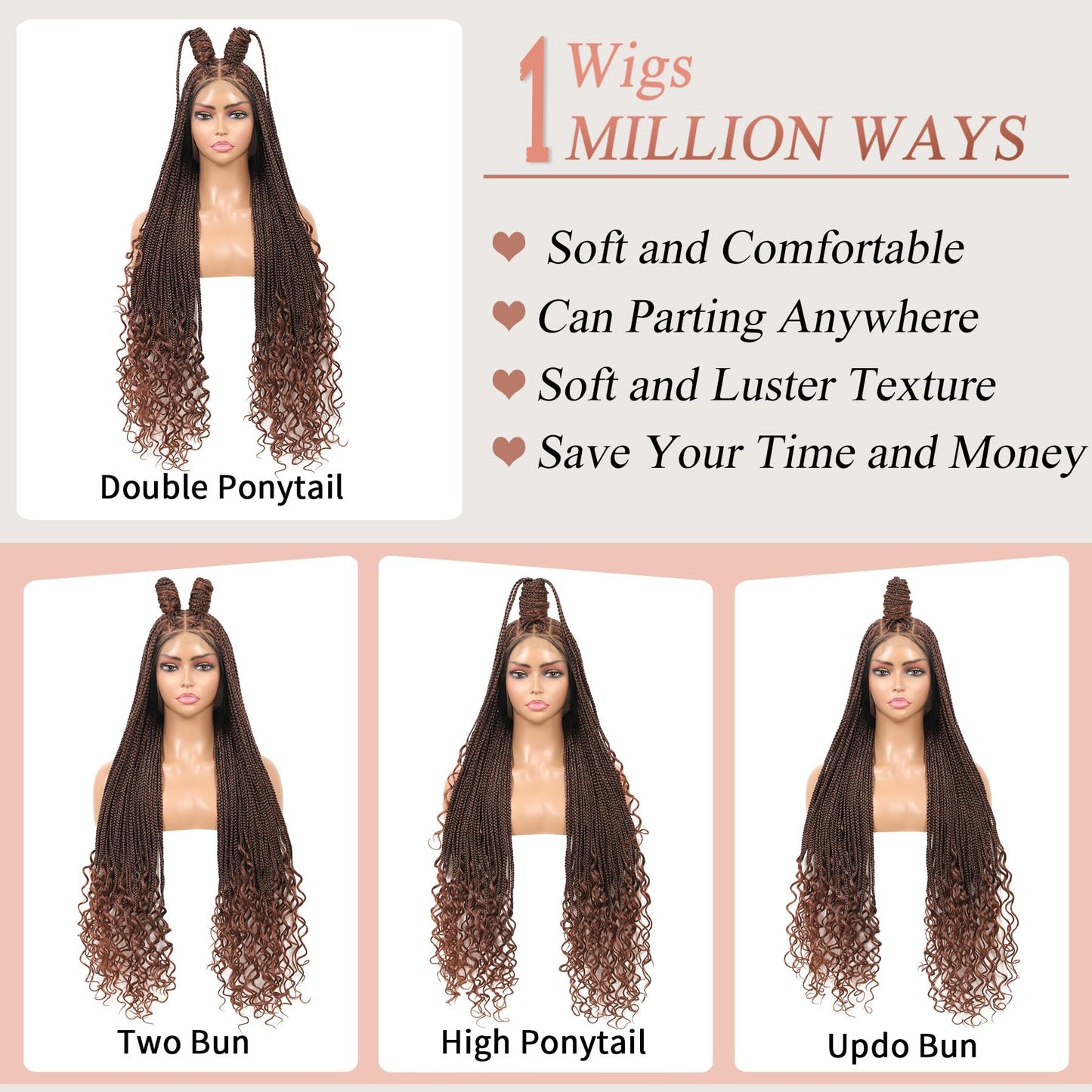 Lexqui 36" 360° HD Full Lace Braided Wigs with Boho Curly End Box Braid Wig with Baby Hair Ombre Brown Natural Triangle Knotless Braided Wigs for Women Synthetic Hair Braided Lace Front Wig