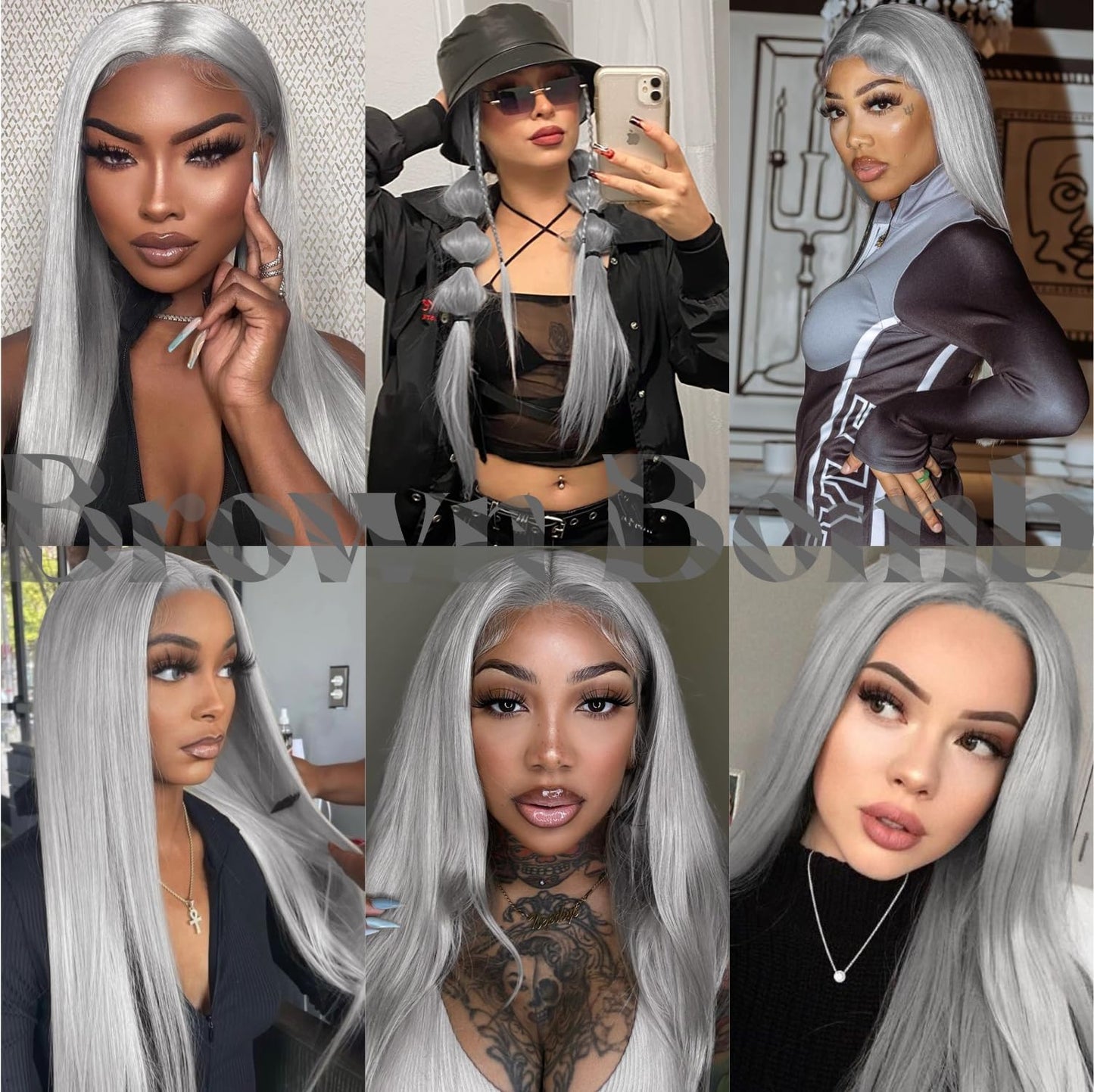 BrownBomb Grey Wig Long Silver Lace Front Wig Pre Plucked Small Knots Ready to Wear, Silver Gray Synthetic Hair Wigs for Women 26inch Long Straight Silver Wig