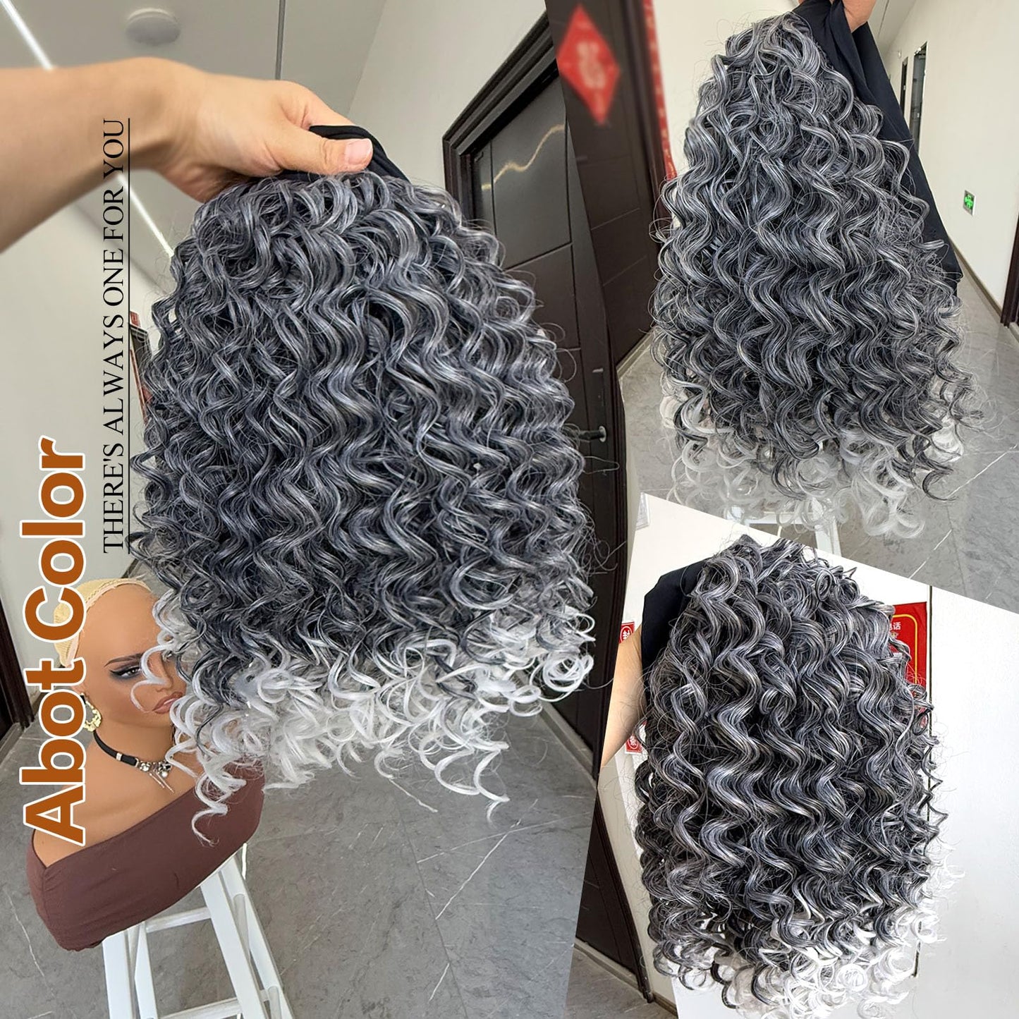 Aisaide Kinky Curly Headband Wig 12 Inch Highlighted Deep Curly Headband Wigs for Women Short Glueless No Lace Deep Curly Half Hair Wigs,Black Mix Gray to White