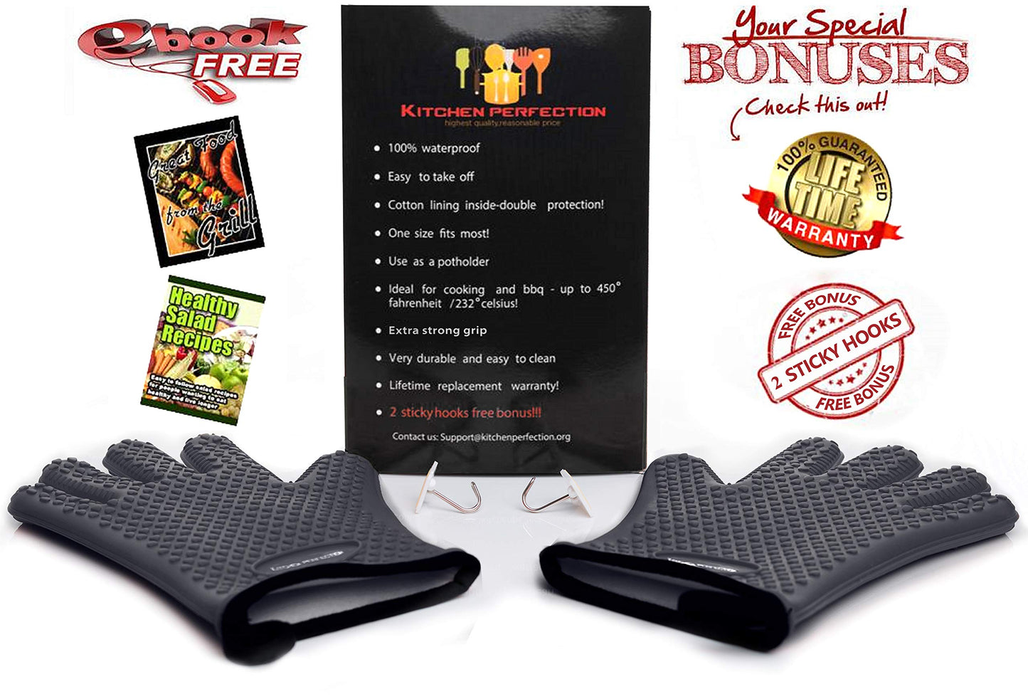 KITCHEN PERFECTION Silicone Smoker Oven Gloves-Extreme Heat Resistant BBQ Gloves-Handle Hot Food Right on Your Grill Fryer & Pit|Waterproof Grilling Cooking Baking Mitts|Superior Value Set +3 Bonuses
