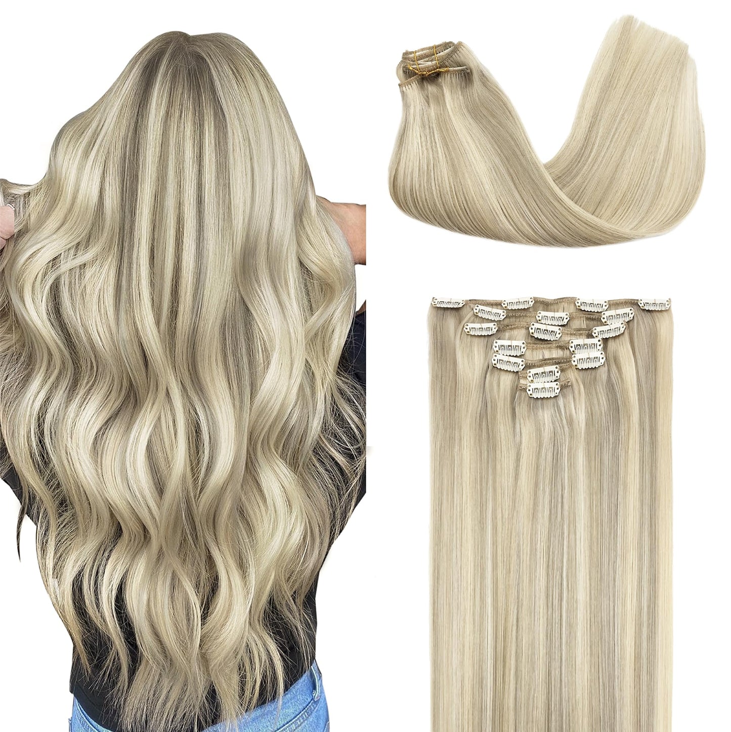 GOO GOO Clip in Hair Extensions Real Human Hair, Remy Human Hair Extensions Clip ins for Women, Natural Human Hair, 14inch 120g 7Pcs, 17A/60A Ash Blonde Highlighted Platinum Blonde
