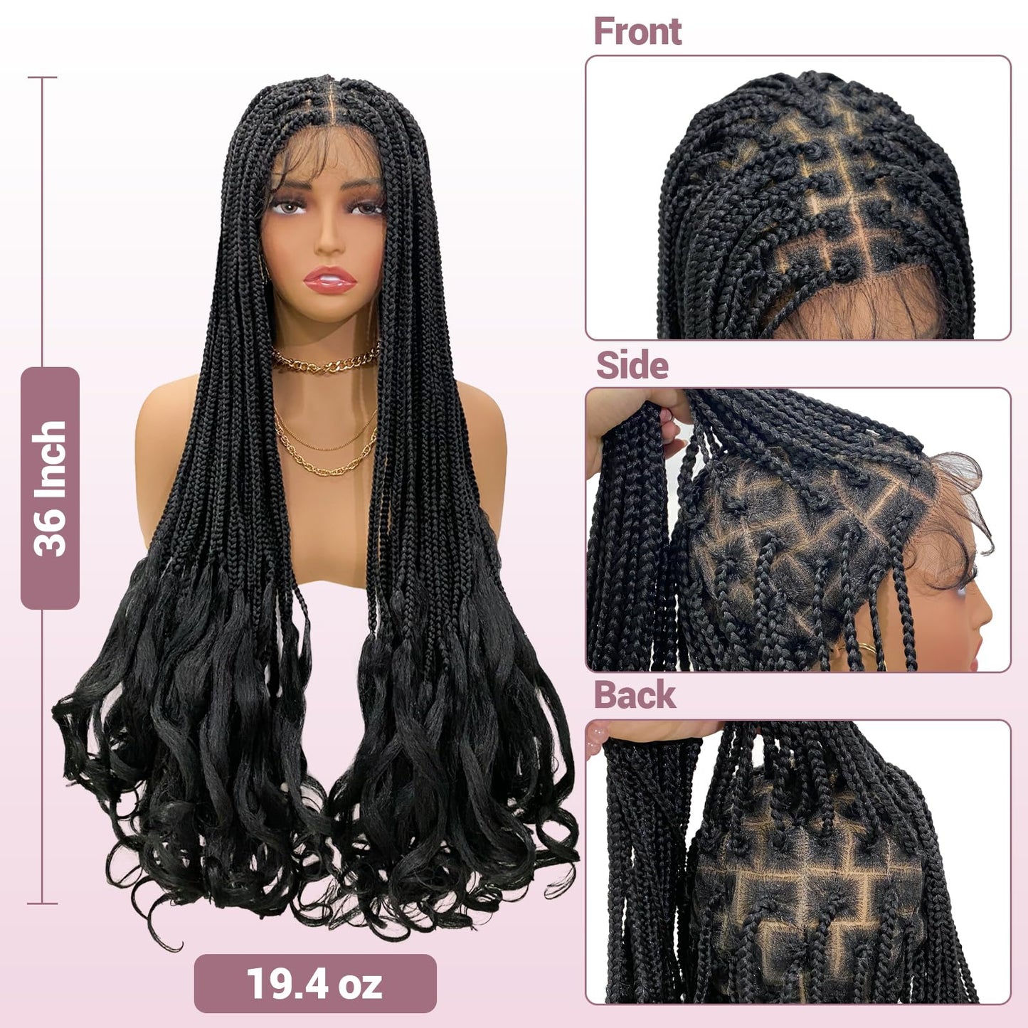 Janyuwool 36" Knotless Braided Wigs with Curly End Full Lace Box Braid Wig for Women Lace Front Human Hair Blended Braids Wig Full Double Lace Braided Wigs with Baby Hair (Black)