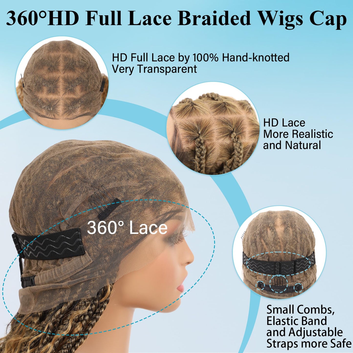 Olymei 360° HD Full Lace Front Knotless Braided Wigs for Black Women Boho Braided Wigs with Baby Hair Box Braid Wig Premium Synthetic Braid Lace Front Wig with Curly End Light Brown 36"