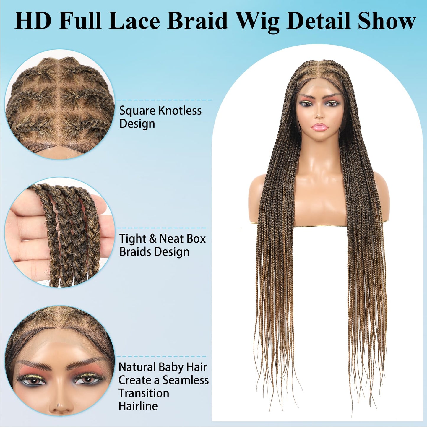 Olymei 360° HD Full Lace Large Square Knotless Braided Wigs for Women Box Braid Wig with Baby Hair Long Light Brown Premium Synthetic Braided Lace Front Wigs 36"