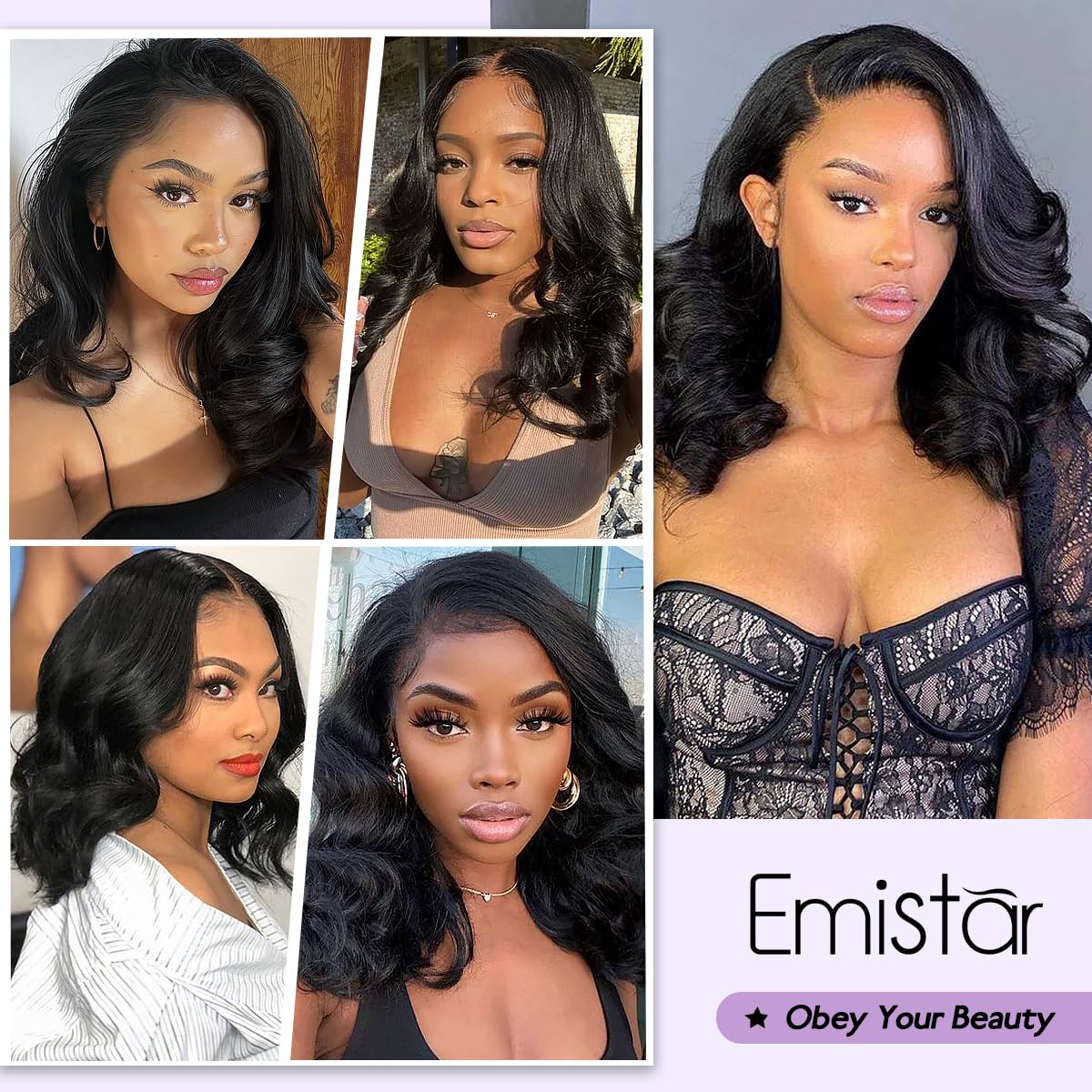 Emistar Long Wave V Part Wig, Natural Looking U Part WigSoft Synthetic Hair as Human Hair, Wear And Go Glueless Half Wigs for Black Women (Black, 14 Inch)