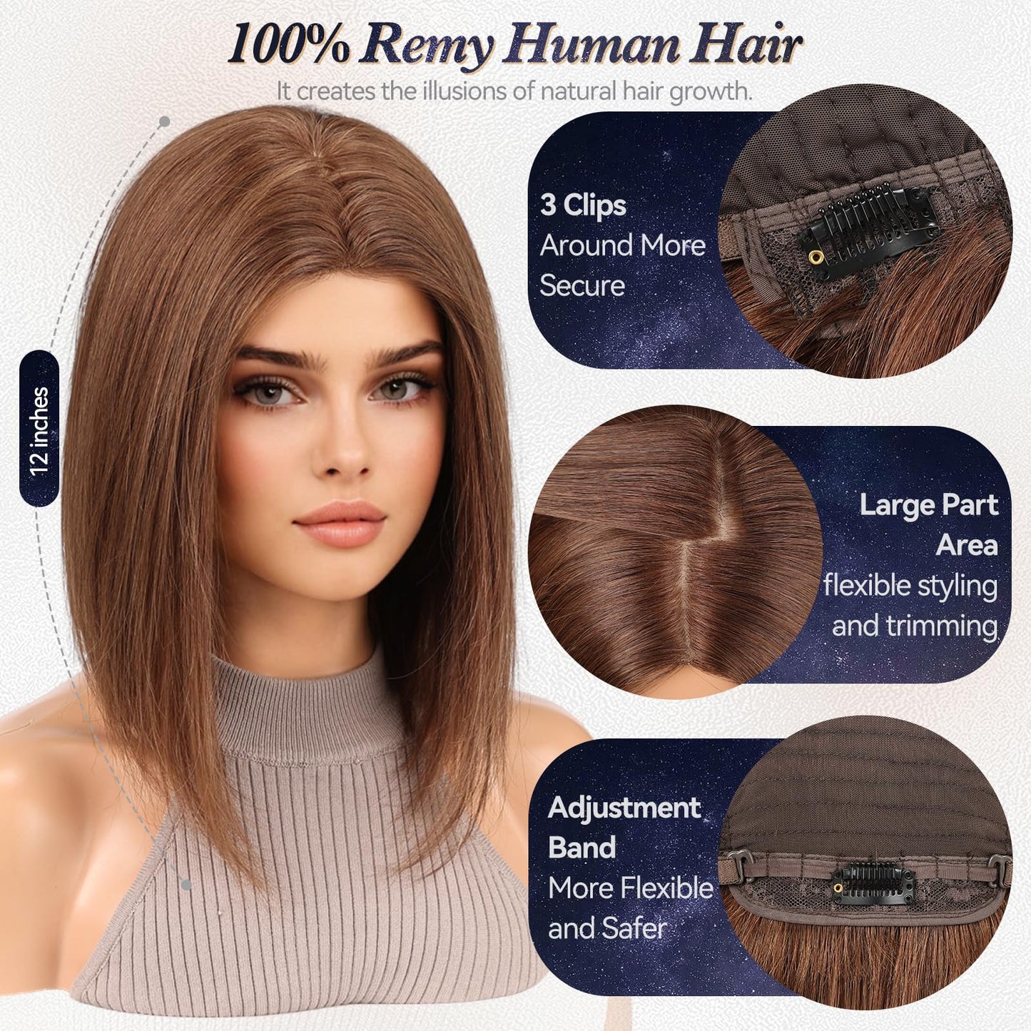 starluck Human Hair Wig for Women Wigs Real Human Hair Wigs Brown Layered Bob Wig 12 Inch Silk Base Realistic and Resistant for Daily Party Use