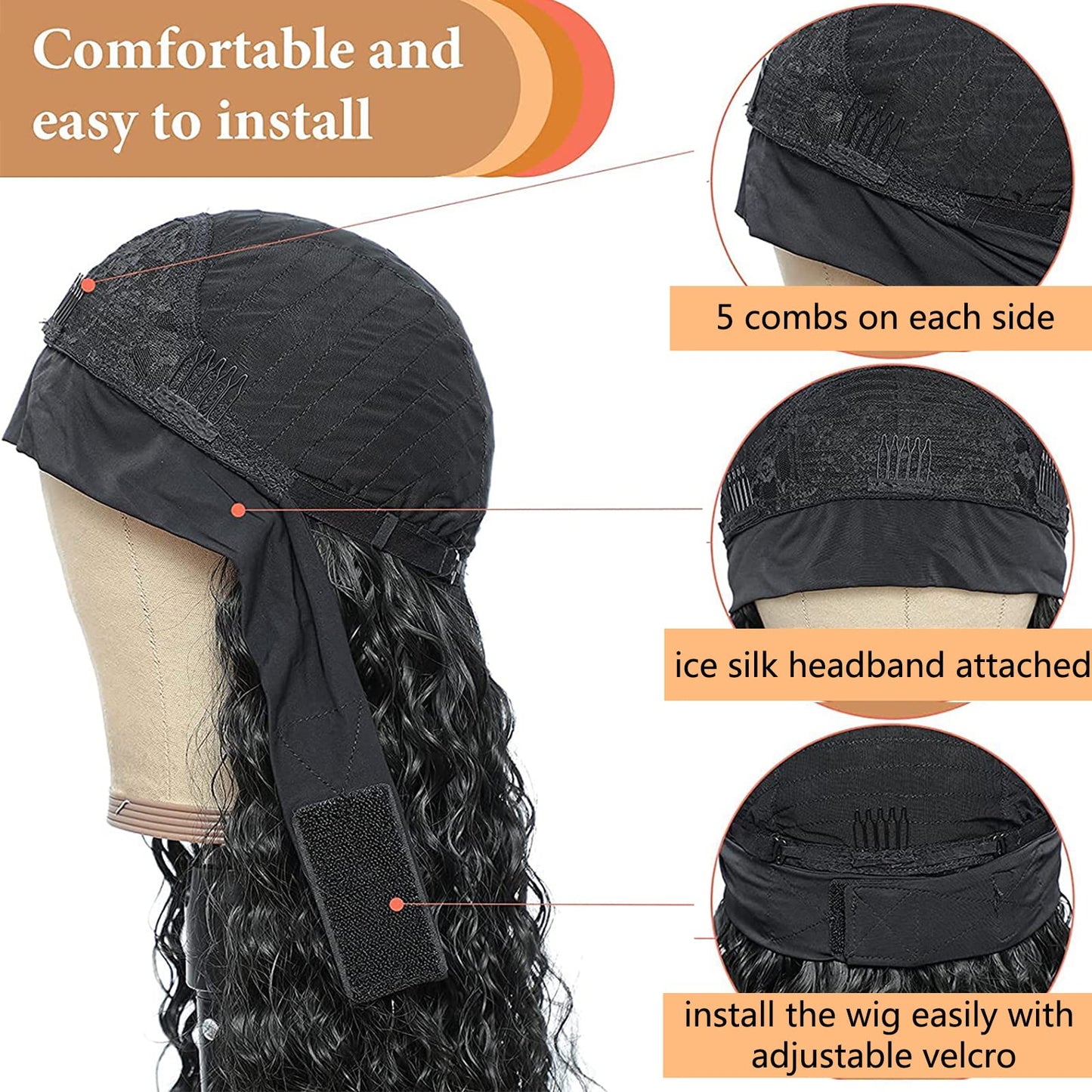 Headband Wig Water Wave Headband Wigs for Women Black Synthetic Curly Headband Wig 26 Inch Glueless Half Wig 180% Density Wigs with Headbands Attached Natural for Daily Use (26 Inch (Pack of 1), 1B)