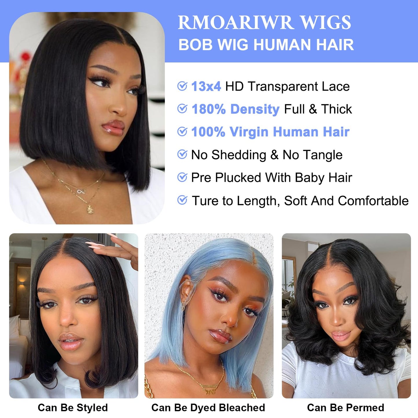 RMOARIWR Bob Wig Human Hair 180% Density 13x4 HD Transparent Lace Front Wigs Human Hair Pre Plucked Short Bob Glueless Straight Wigs Human Hair for Women Natural Black 12 Inch