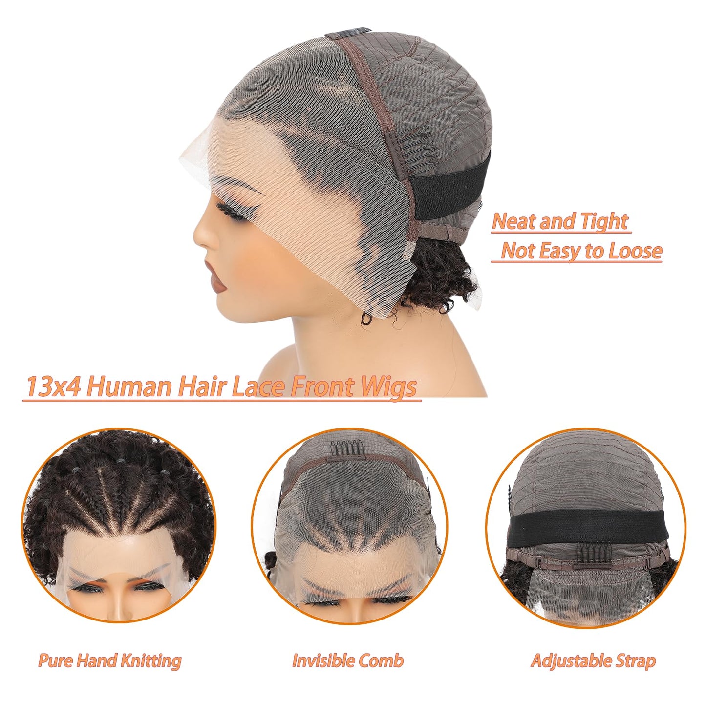 Inghood Braided Lace Front Wigs For Black Women Braided Curly Human Hair Wigs Fully Handmade Braided Wig Pixie Cut Wig 13x4 Lace Front Wigs Human Hair Curly Bob Wig Human Hair (Natural Color)