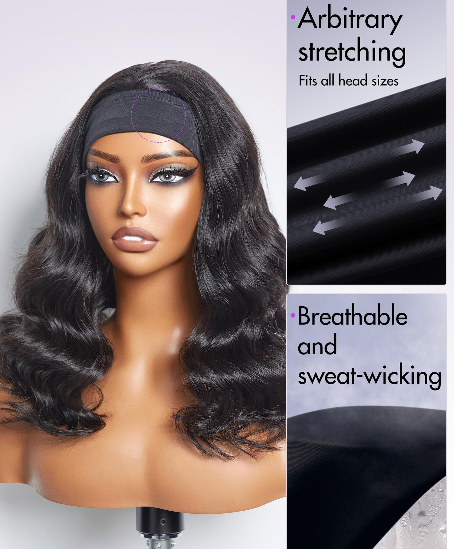 Justres Headband Wig Human Hair Body Wave Headband Wigs for Black Women None Lace Front Wig Wear and Go Glueless Wig Brazilian Virgin Human Hair Wig 180% Density Wigs Natural Color 18 Inch