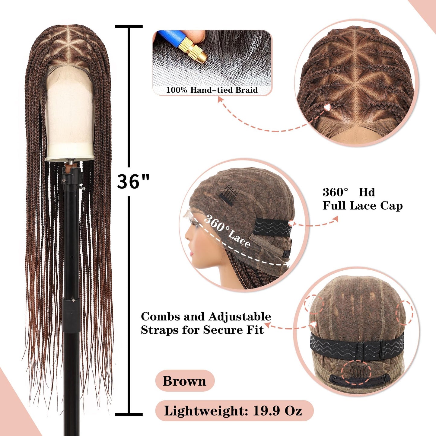 Lexqui 360° HD Full Lace Knotless Braided Wigs for Women Box Braid Wig Synthetic Hair Lace Front Braided Wigs with Baby Hair Braid Wig 36 Inch Brown