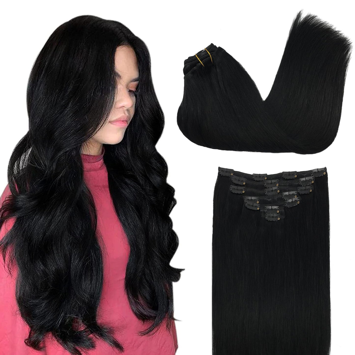 GOO GOO Clip in Hair Extensions Real Human Hair, Remy Human Hair Extensions Clip ins for Women, Natural Human Hair, 14inch 120g 7Pcs, 1 Jet black