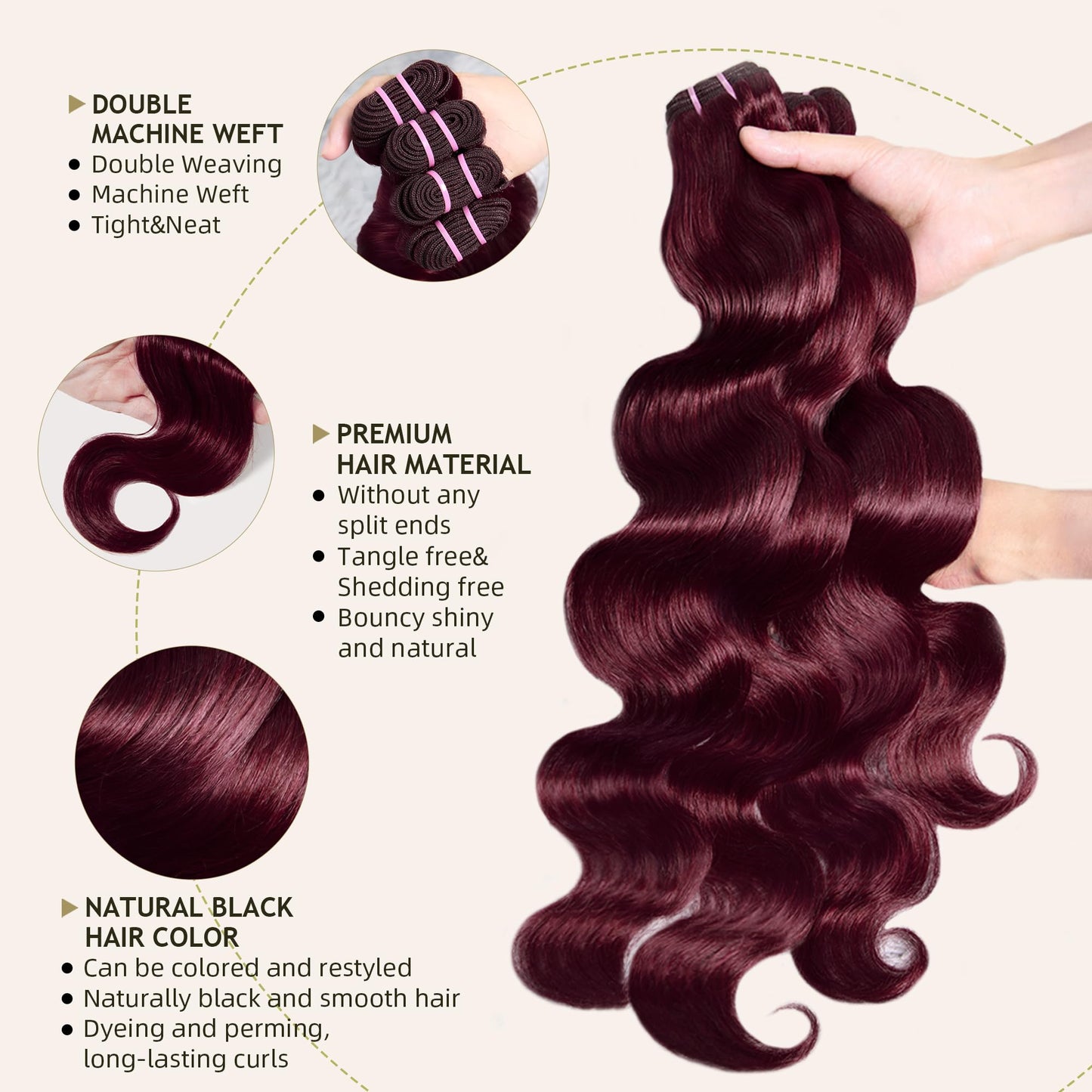 Human Hair Bundles 4 Bundles 18 20 22 24 Inch Hair Extensions Dark Burgundy Body Wave Bundles Human Hair 100% Unprocessed Brazilian Virgin Hair Quick Weave 99J