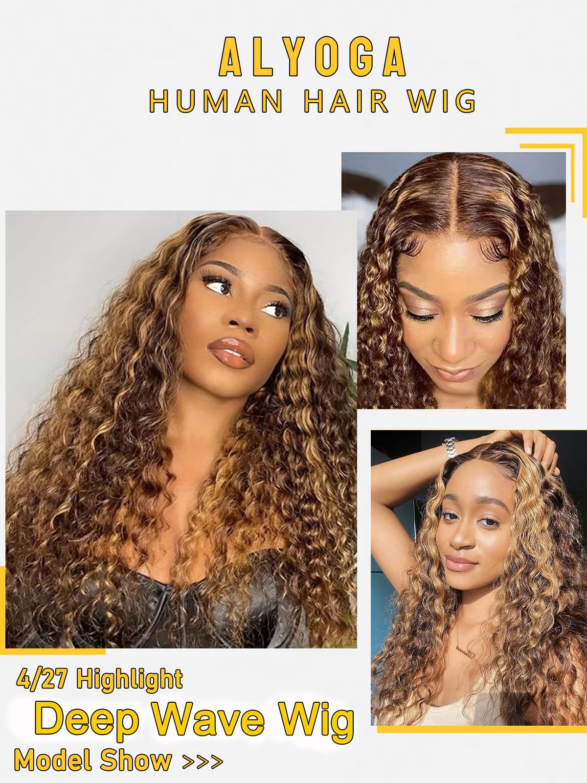 ALYOGA Highlight Wig Human Hair- 200 Density HD Deep Wave Lace Front Wigs, 13x6 Curly Human Hair Wig Pre Plucked 32 inch