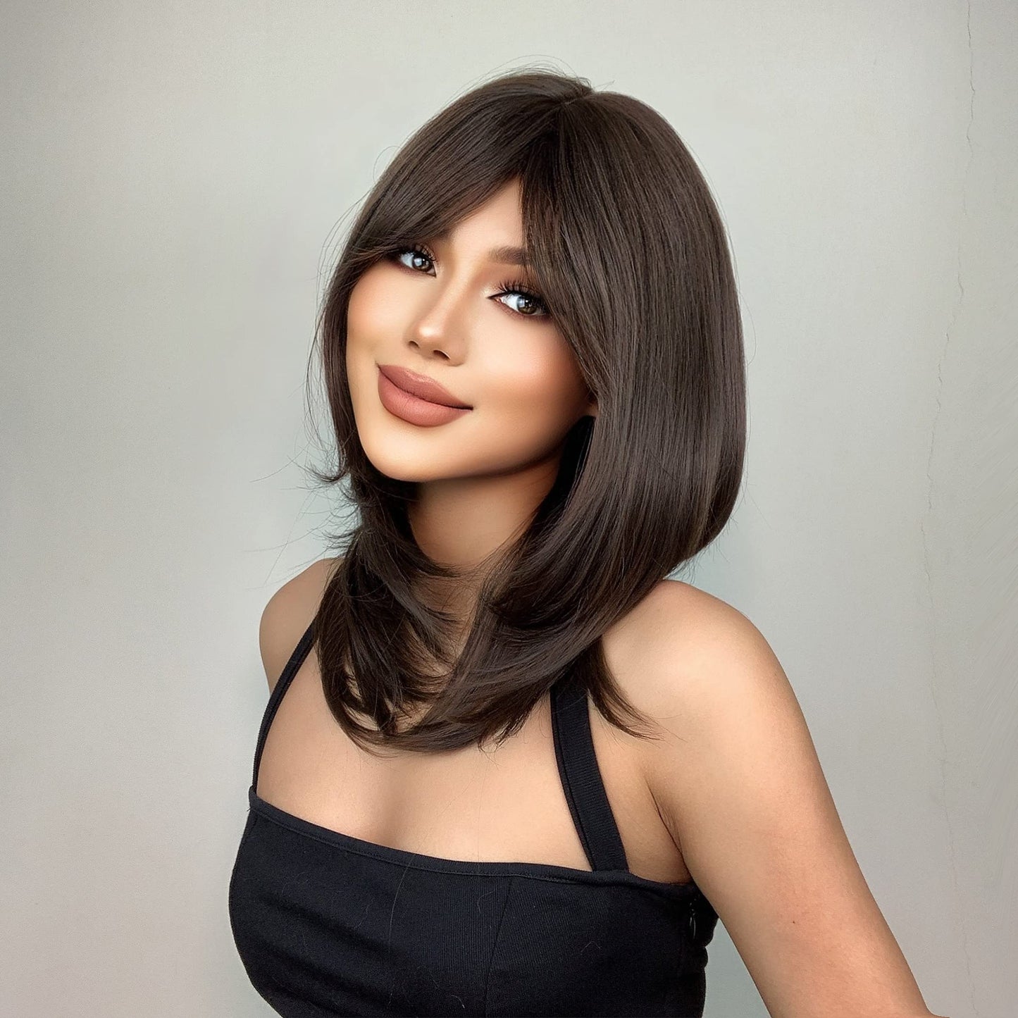 Tumhorn Women Long Brown Wigs with bangs Natural Wavy Wigs Curly Hair Wig Heat Resistant Synthetic Wigs for Women