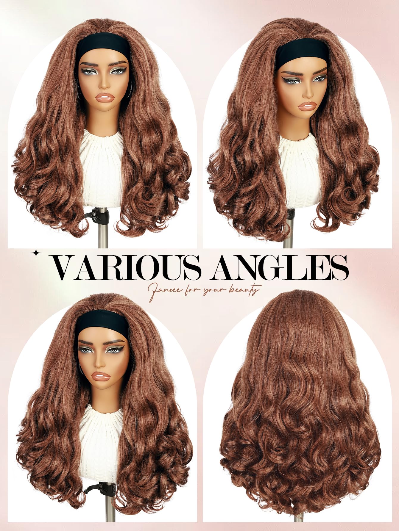 FANCEE Yaki Wavy Headband Wigs Honey Brown Kinky Straight Wear and Go Wig with Curly Wavy Ends for Mom on the Go Synthetic Headband Blow Out Style Natural Hair Wig for Black Women 27/30