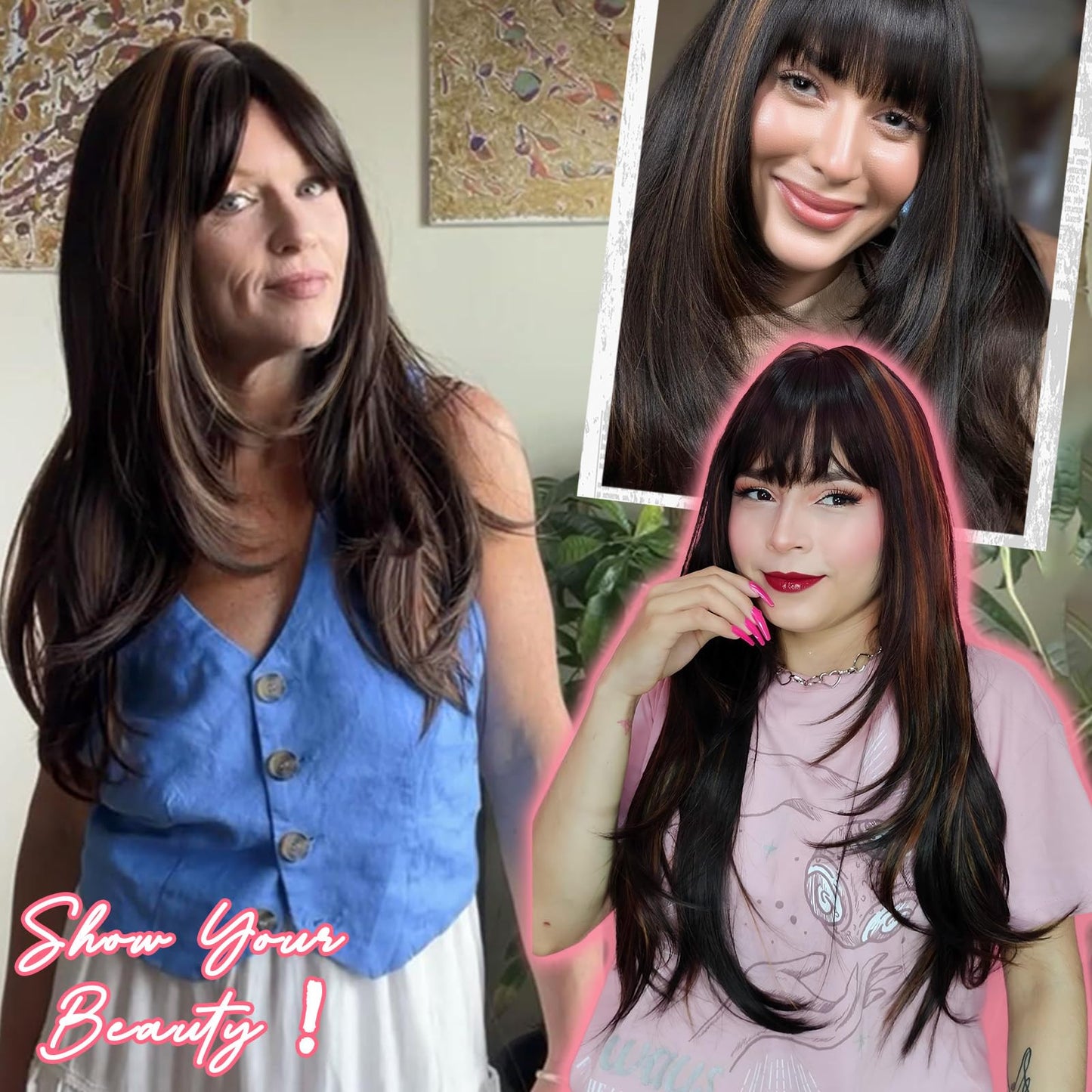 NOVFLKW Highlight Long Straight Layered Wig with Bangs for Women 26 inch Highlight Brown Put on Go Realistic Synthetic Heat Resistant Natural Wig for Girls Party Cosplay and Daily Use