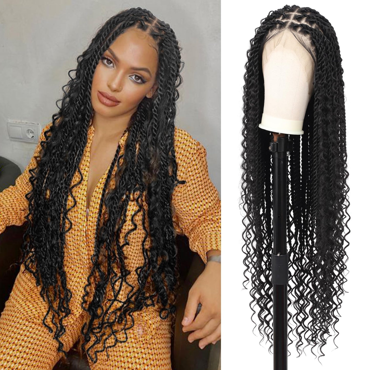 Olymei 360° HD Full Lace Braided Wigs for Women Knotless Boho Braided Wigs Twisted Braid Lace Wig with Baby Premium Synthetic Blended Braid Lace Front Wig Black 36"