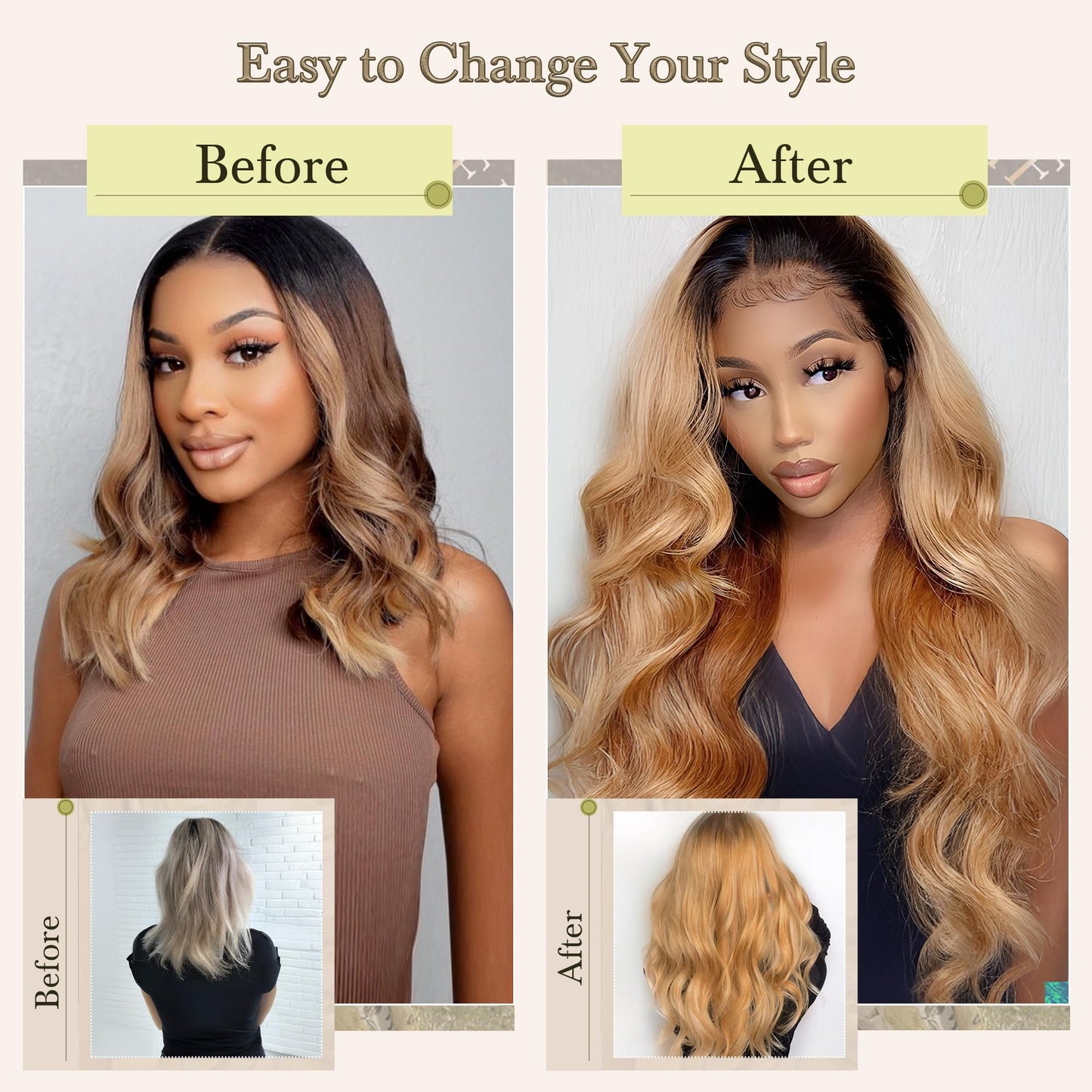Ombre Human Hair Bundles 4 Bundles 16 18 20 22 Inch Hair Extensions Honey Blonde Highlight Body Wave Bundles Human Hair 100% Unprocessed Brazilian Virgin Hair Quick Weave T4/27