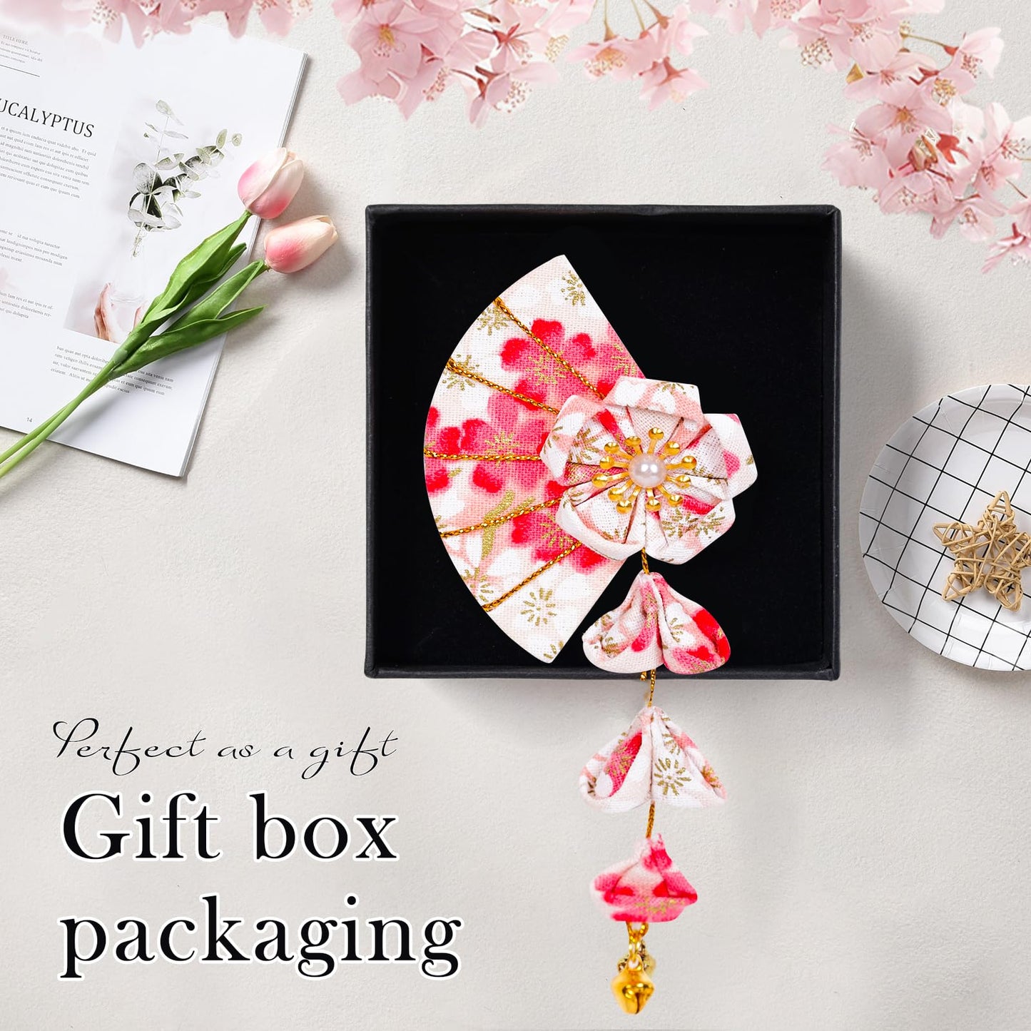 Union Power 1 Pair Japanese Style Hair Clips Sector Tassel Hair Accessories Flower Kimono Traditional Hairpins Barrette Cherry Blossom Hair Clamp Bride Hanfu Accessory for Womens (Pink)