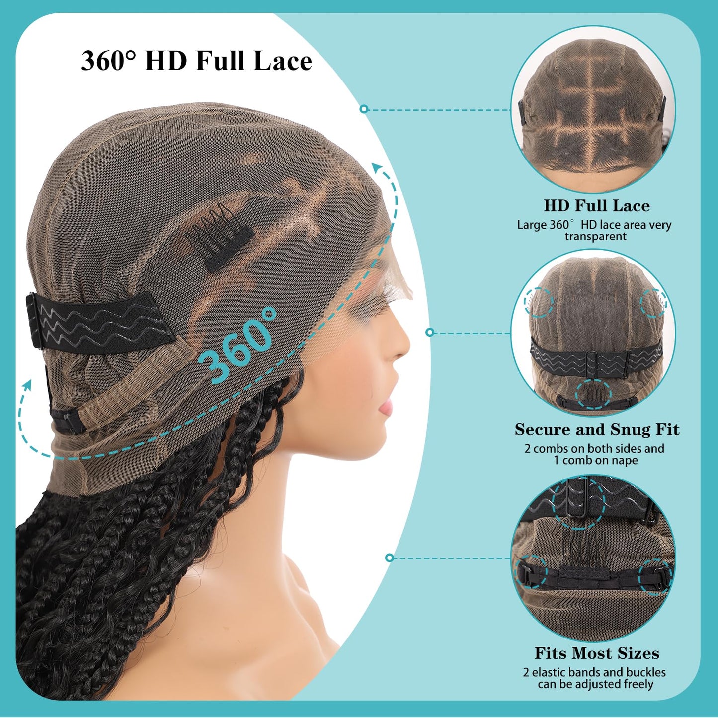 Kalyss HD Full Lace Boho Braided Wigs for Women 360 Lace Front Box Braided Wigs with Baby Hair Black Premium Synthetic Knotless Braid Wig 36"