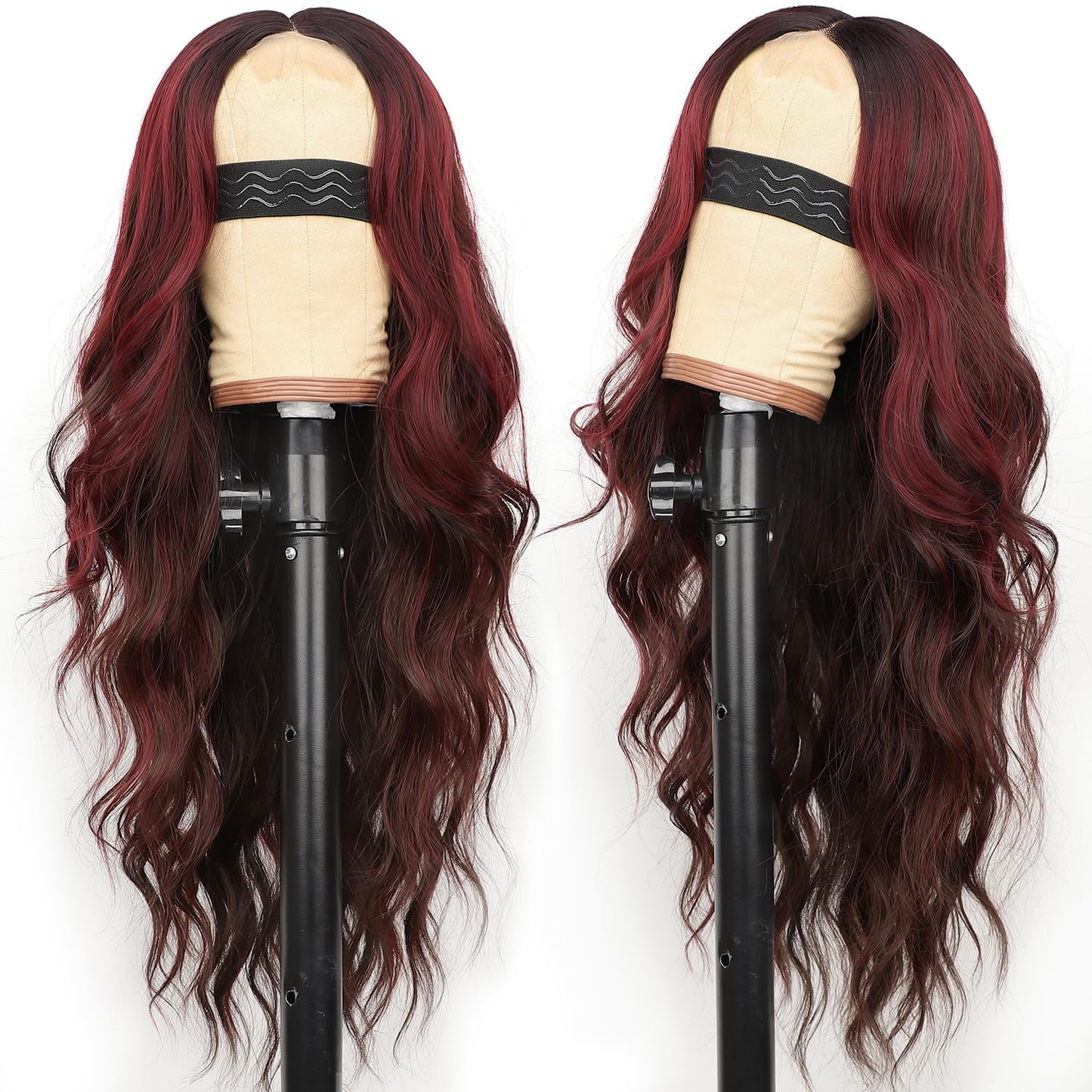AISI HAIR Wig for Women, Long Wavy Brown Mixed Red Lace Hairline Middle Part Synthetic Heat Resistant Wig for Daily Party-26 Inch