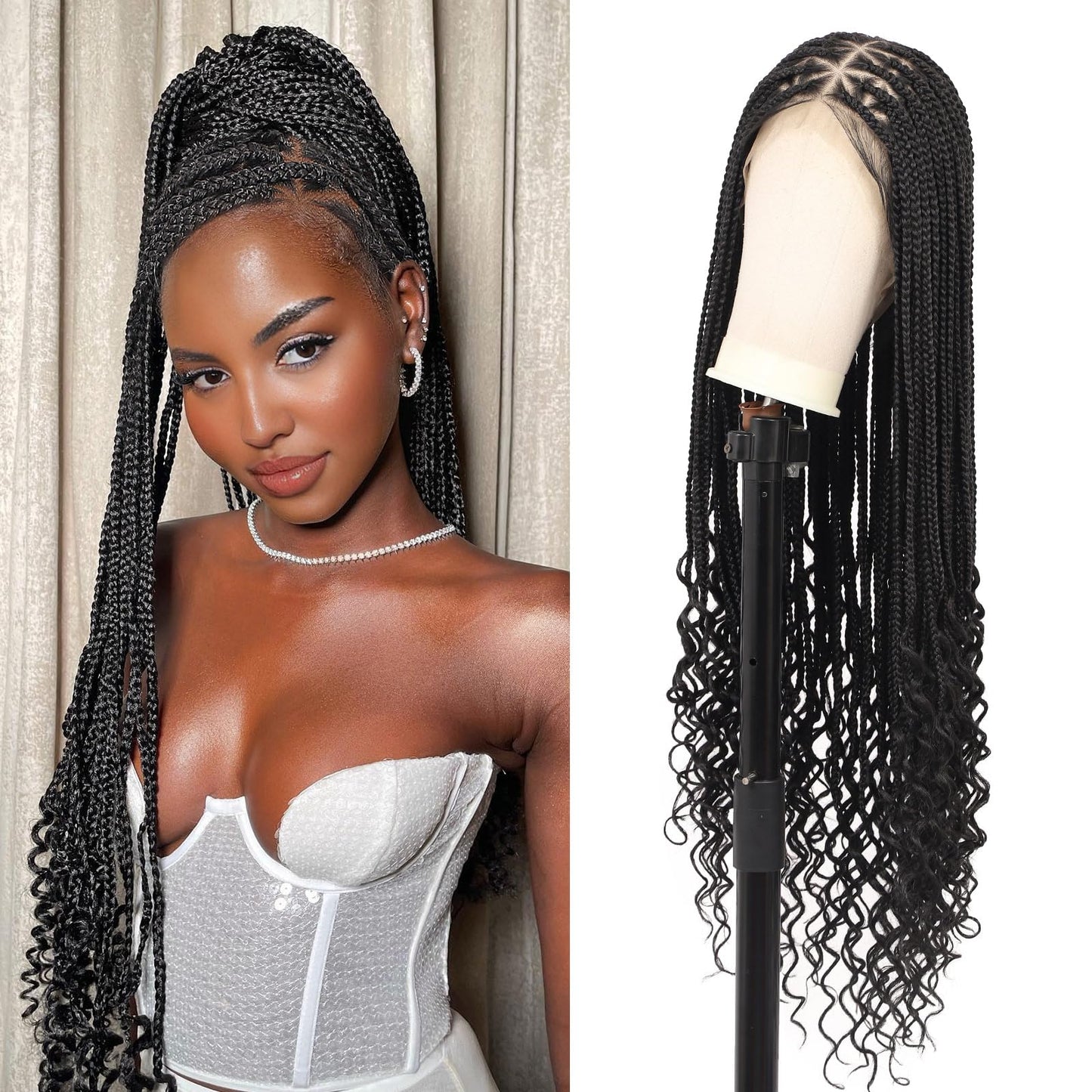 Olymei 360° Hd Full Lace Braided Wigs for Women Triangle Knotless Braided Wigs with Curly End with Baby Hair Box Braid Wig Premium Synthetic Braid Lace Front Wig Black 36"