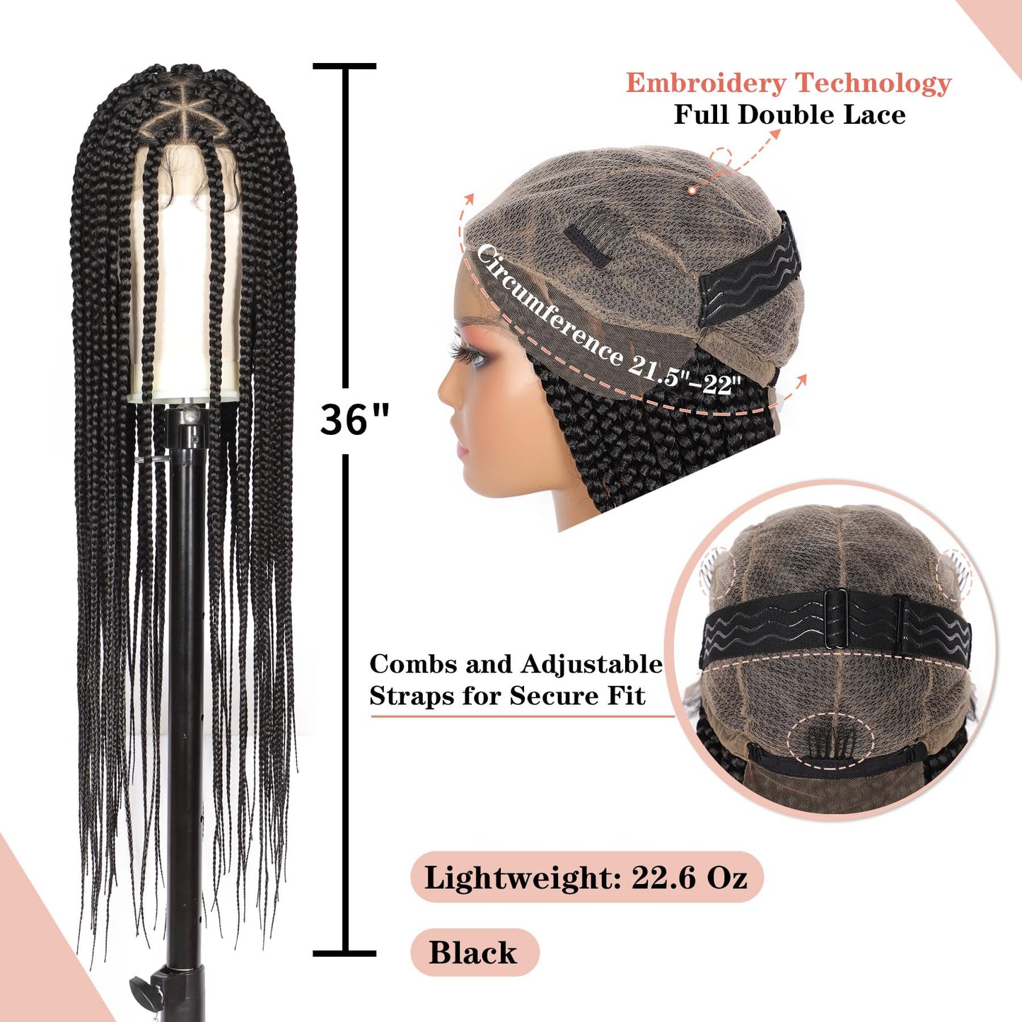 Lexqui 36'' Knotless Box Braided Wigs for Women Braided Lace Wigs Triangle Lace Front Braided Wig Premium Synthetic Full Double Lace Braided wig with Baby Hair Braid Lace Front Wig