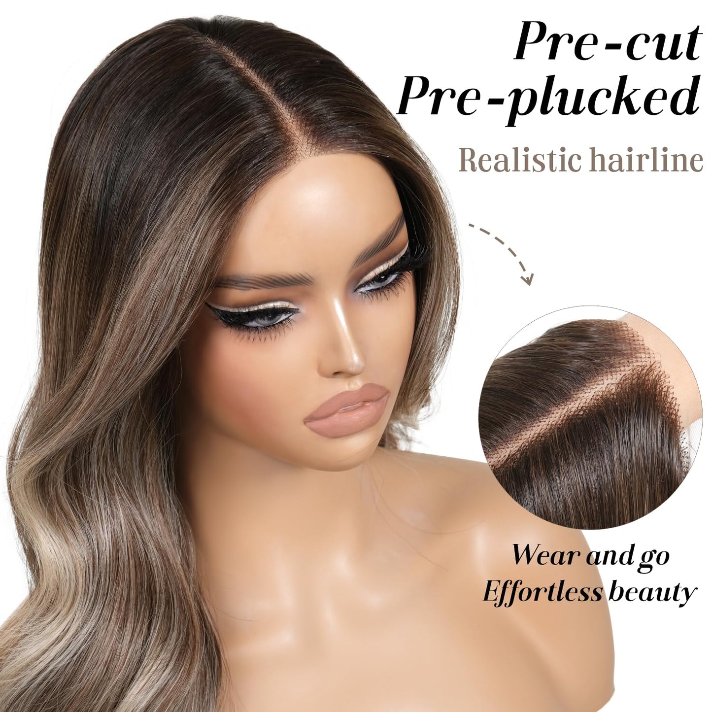 ENCOUNTERU Pre Cut Lace Glueless Wig Wear and Go Synthetic Lace Front Body Wave Ombre Brown Wig with Bangs Pre Plucked Glueless Ready to Wear Wigs for Women Middle Part 26 Inch
