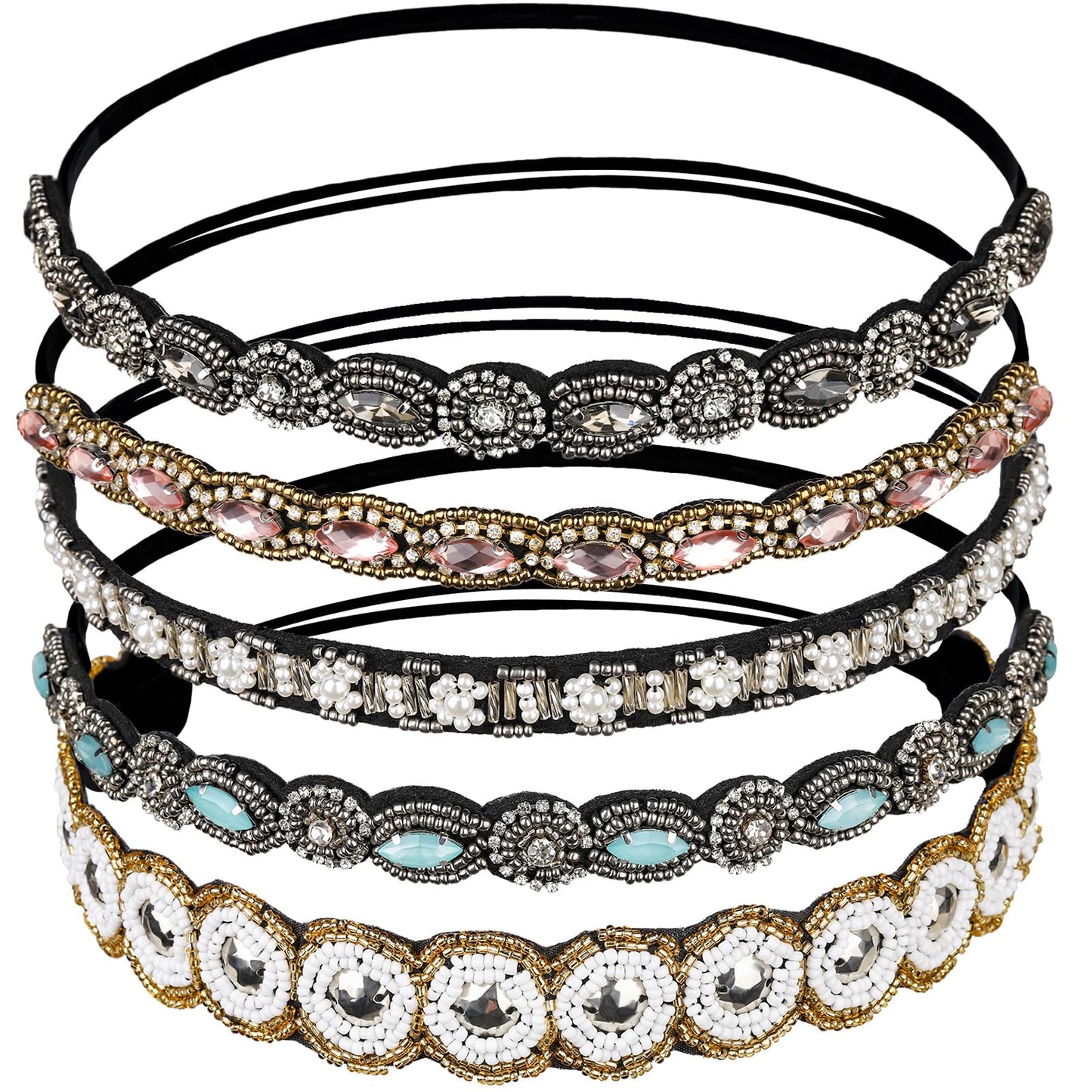 Teenitor 5pcs Hairbands for Women, 5 Rhinestone Beaded Headbands, Head Bands for Women's Hair Fashionable Handmade Crystal Beaded Elastic hairbands, 20-26.8"(51-68cm), 1 Count (Pack of 5), HAIRBAND