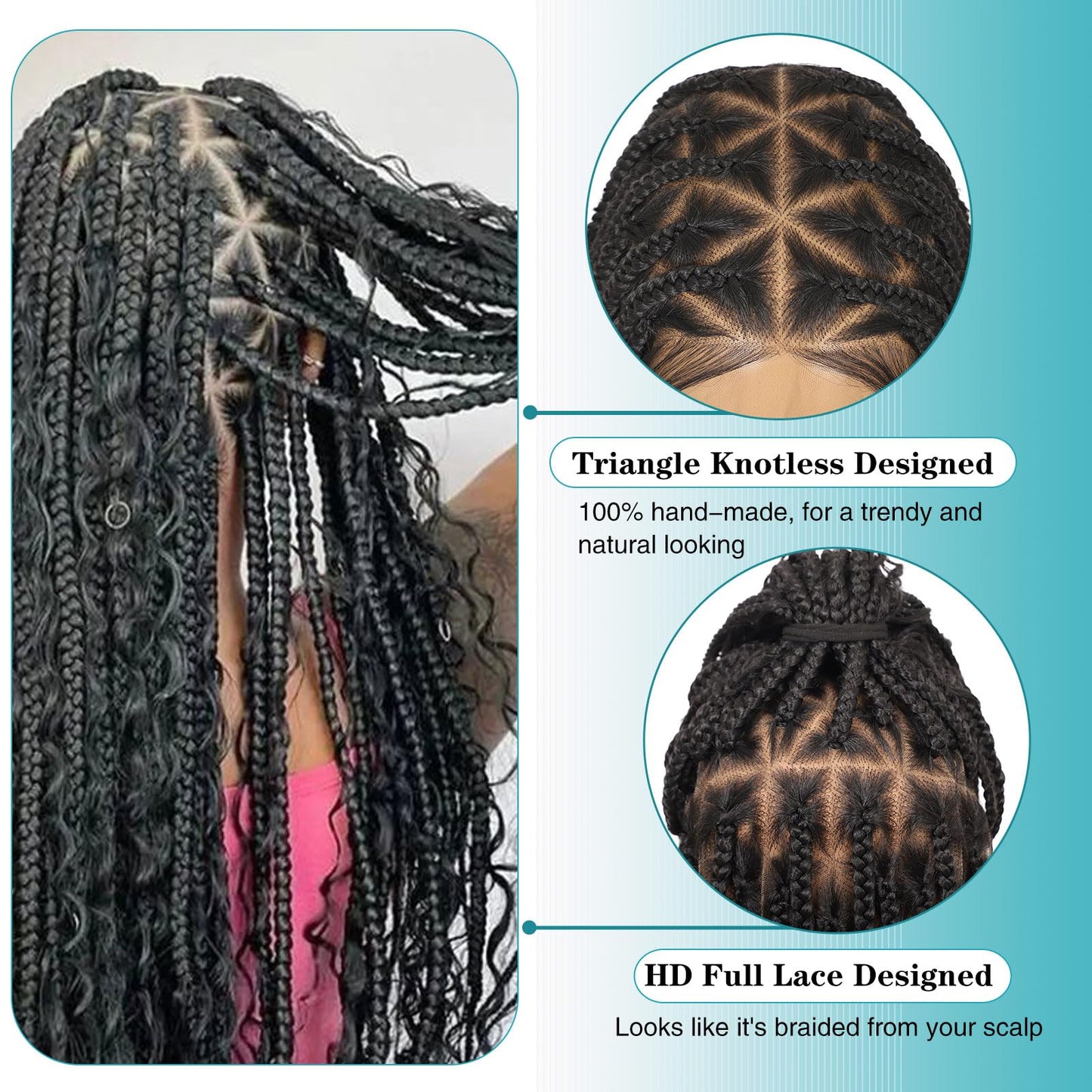Kalyss HD Full Lace Triangle Knotless Boho Braided Wigs for Women 360 Lace Front Box Braided Wigs with Baby Hair Black Premium Synthetic Knotless Braid Wig 36"