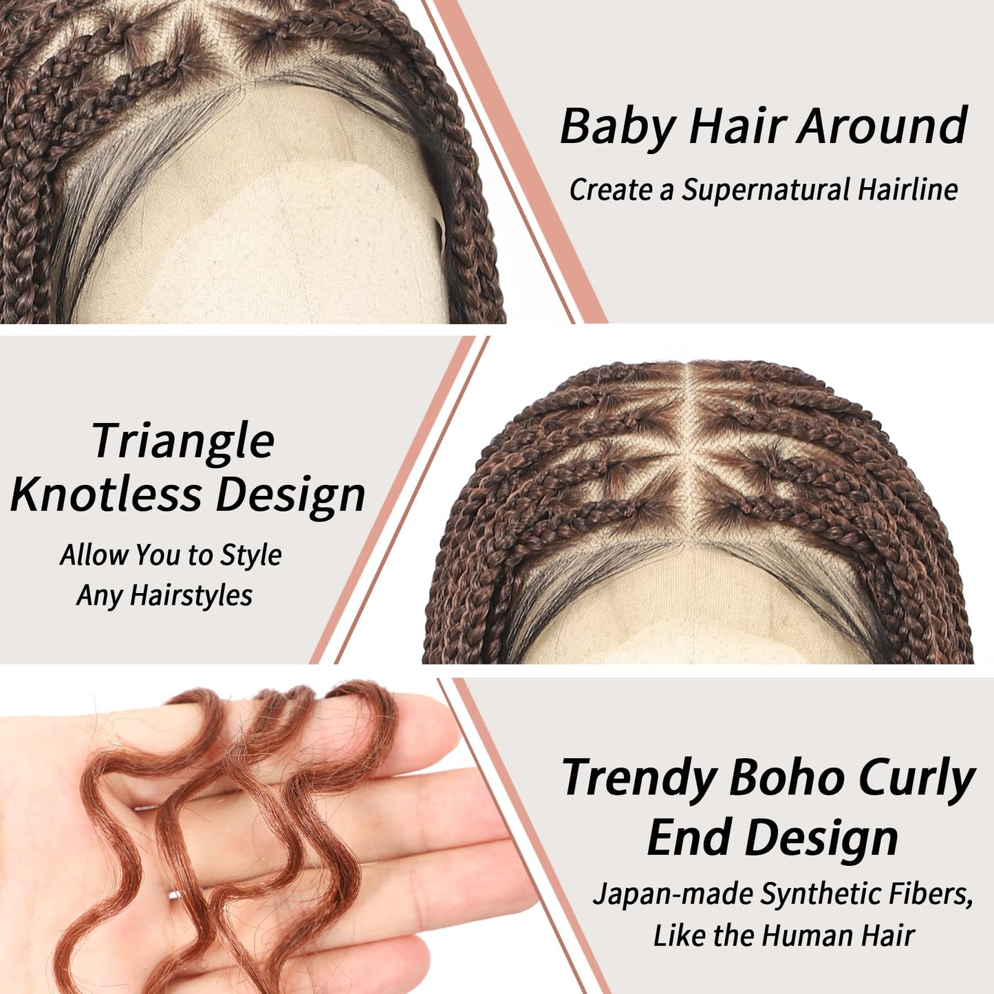 Lexqui 36" 360° HD Full Lace Braided Wigs with Boho Curly End Box Braid Wig with Baby Hair Ombre Brown Natural Triangle Knotless Braided Wigs for Women Synthetic Hair Braided Lace Front Wig