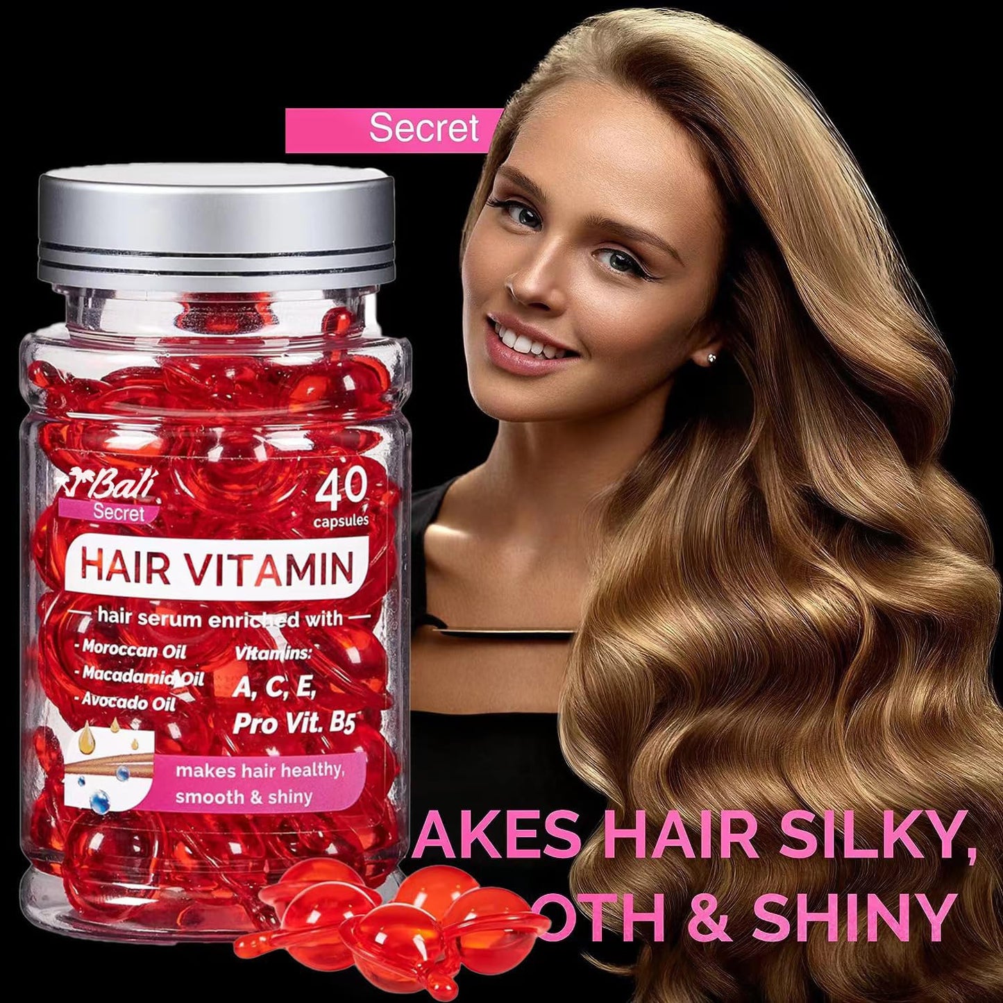 Bali Secret Hussell Hair Treatment Serum 40 Hair Capsules no Rinse with Argan Macadamia & Avocado Oils - Vitamins A, E, Pro B5 - Conditioner for Women & Men