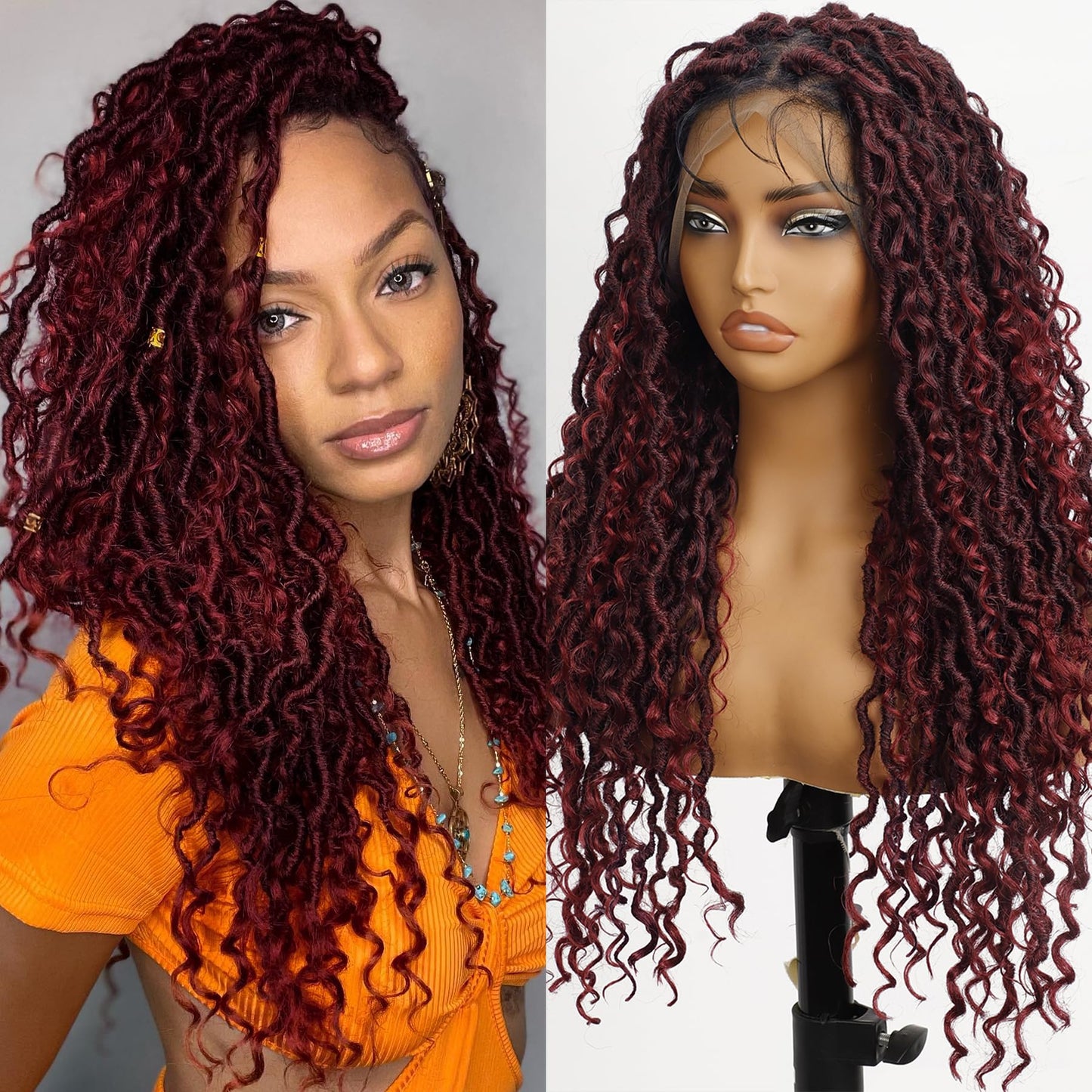 AISI HAIR Full Lace Faux Locs Braided Wigs for Black Women, Faux Locs Burgundy Red Wig Crochet Hair Braid Wig with Baby Hair Hippie Locs Twist Synthetic Wig with Curly Ends 26”