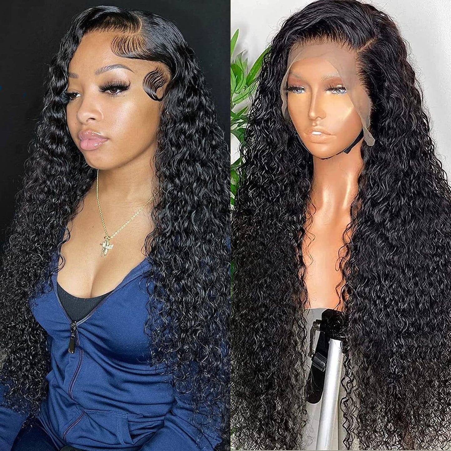 Water Wave Lace Front Wigs Human Hair Pre Plucked with Baby Hair Glueless 13x4 HD Transparent Water Curly Wave Lace Front Wig Virgin Human Hair 180% Density Wave Wave Wigs 26Inch Natural Black Color