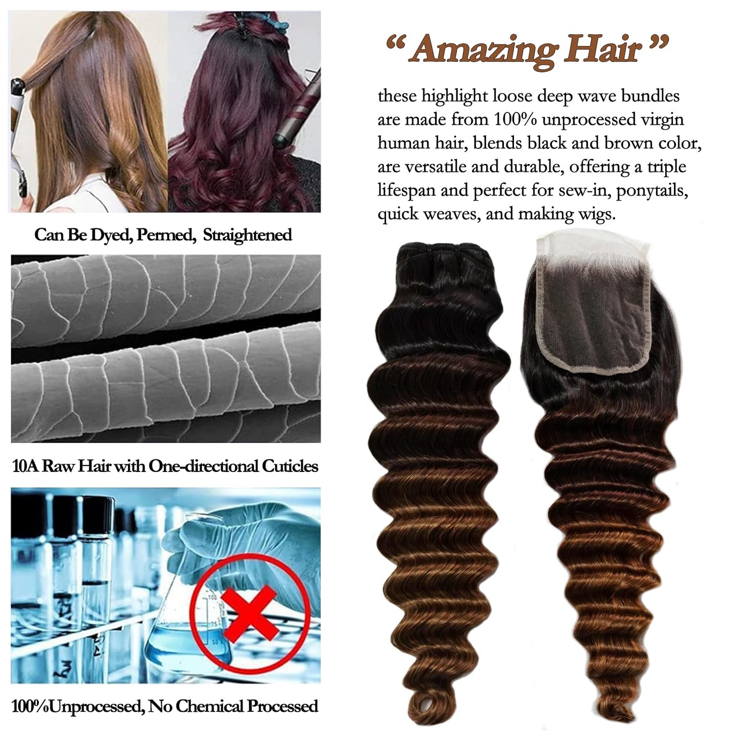 Beaushine T1B/2/4 Colored Bundles With Closure Human Hair Loose deep Wave Quick Weave Hair-20 22 24+20Inch Ombre Brazilian Loose Wave 3 Bundles Human Hair with hd Lace Closure Free Part Pre plucked