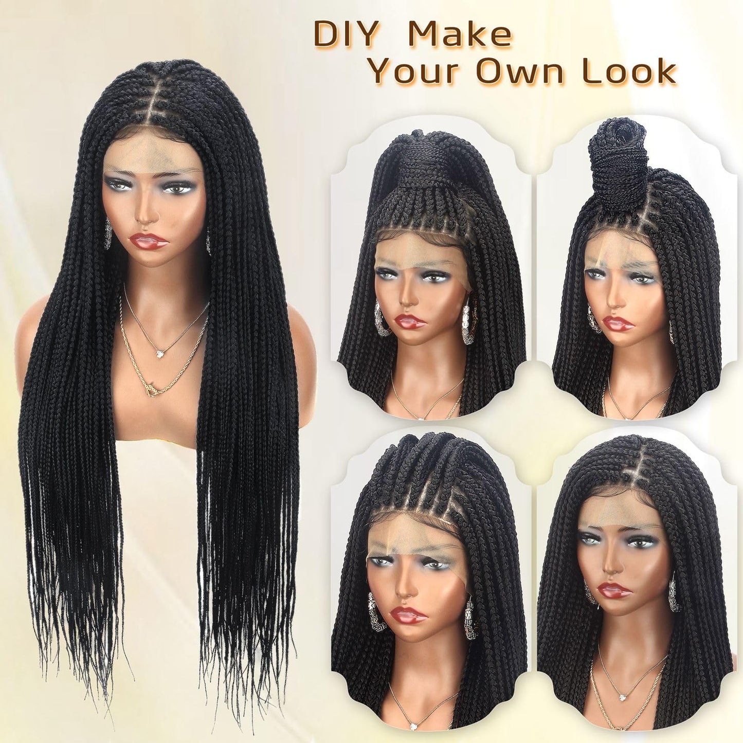 Alebery 36" Full Lace Knotless Box Braided Wigs for Black Women Twisted Braids Lace Synthetic Frontal Black Cornrow Wig with Baby Hair, Lightweight (1B)