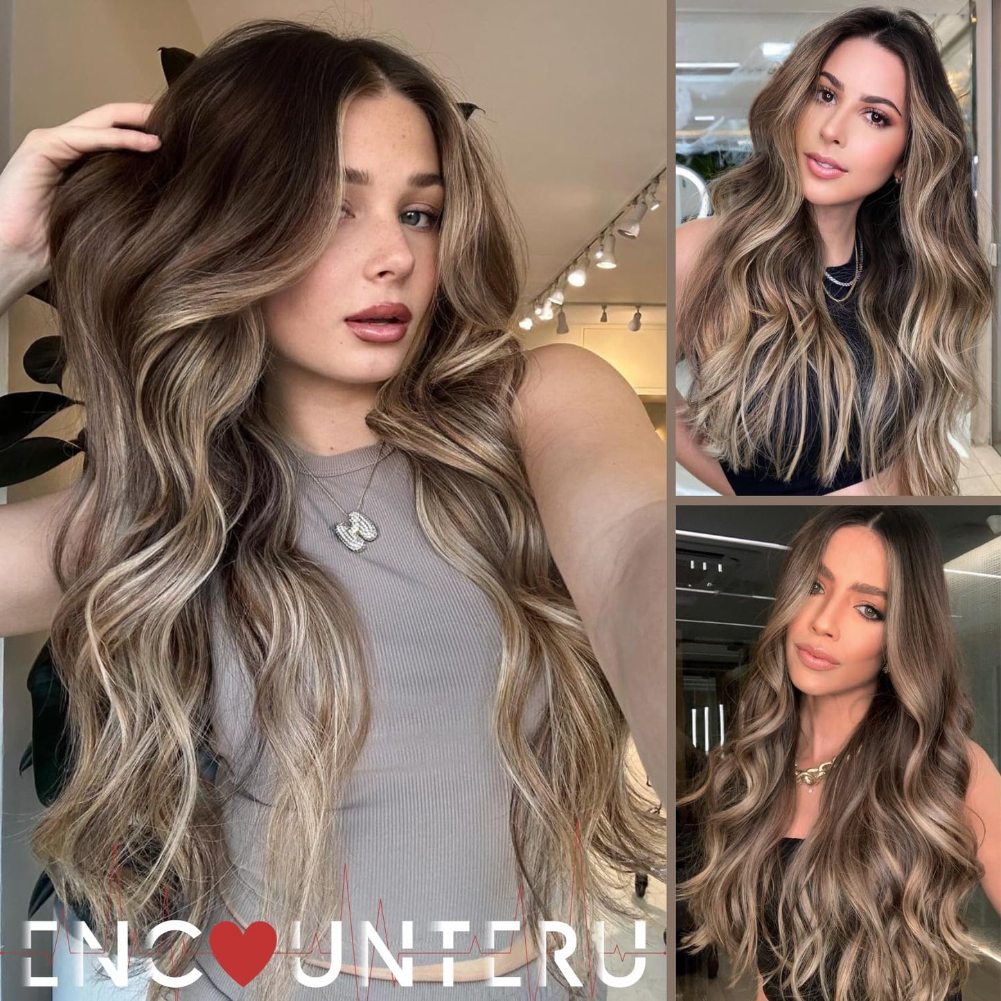 ENCOUNTERU Pre Cut Lace Glueless Wig Wear and Go Synthetic Lace Front Body Wave Ombre Brown Wig with Bangs Pre Plucked Glueless Ready to Wear Wigs for Women Middle Part 26 Inch