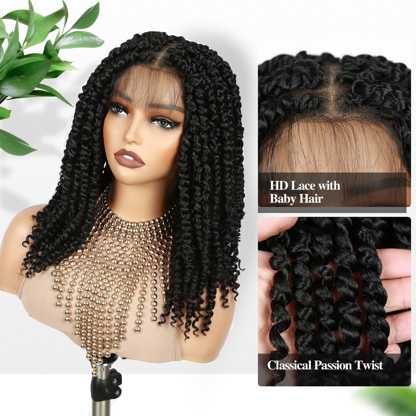 Fancy Hair Full Lace Short Passion Twist Wig with Baby Hair Lace Front Knotless Braided Twist Wig for Black Women (Natural Black)