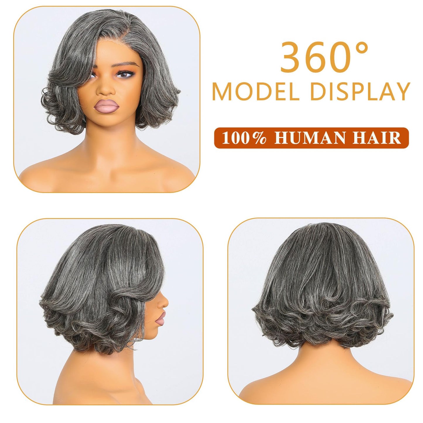 HANASCC Salt and Pepper Wigs for Women 10" Glueless Grey Short Bob Wigs Pre Plucked Body Wave Gray Human Hair Wig Pre Cut 5x5 HD Transparent Grey Glueless Lace Front Wigs for Women