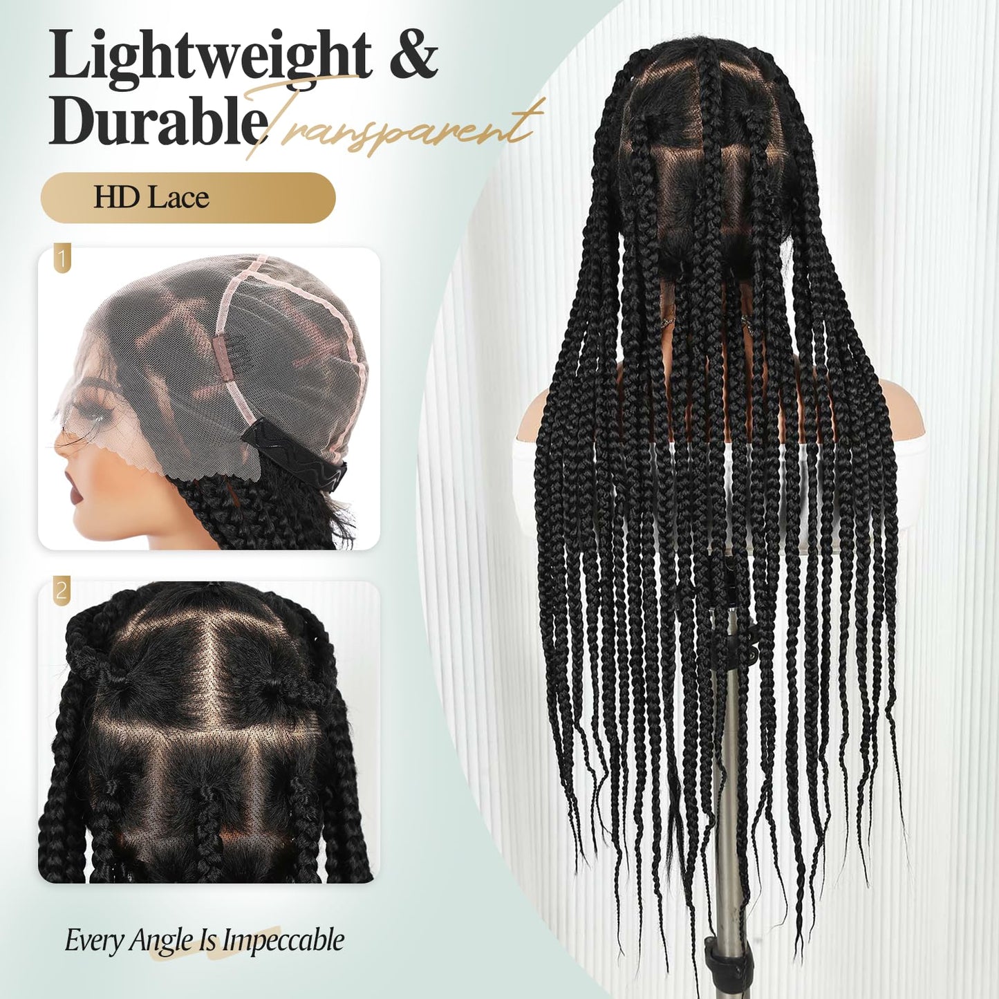 WIGER 360 Full Lace Braided Wigs for Black Women, 34 Inch Transparent HD Lace, Single-layer Jumbo Braids, 22 Handmade Braids, Natural Black Synthetic Lace Front Hair Wig