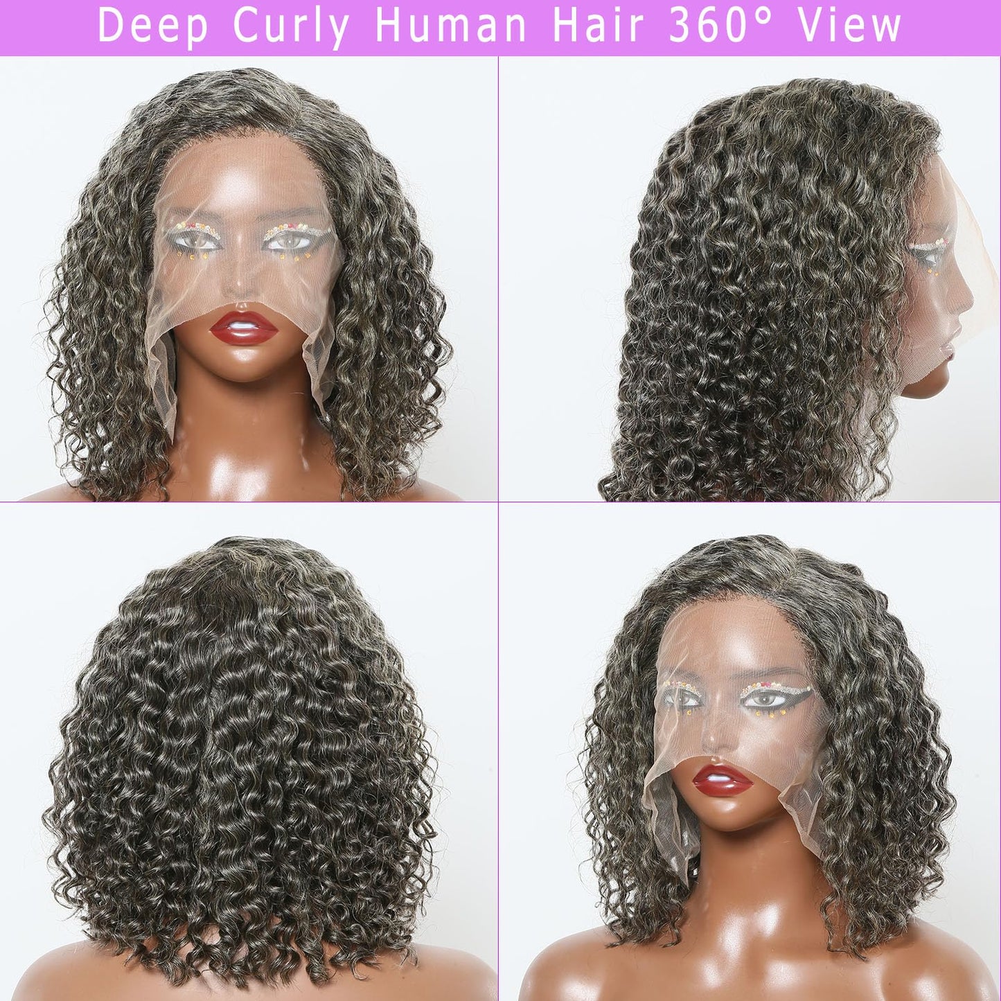 HANASCC Salt and Pepper Grey Wigs Human Hair Bob Wig 13x4 Deep Curly Lace Front Wigs Human Hair Pre Plucked Natural Hairline Gray Human Hair Wig HD Transparent Curly Short Bob Wigs for Women 12 Inch