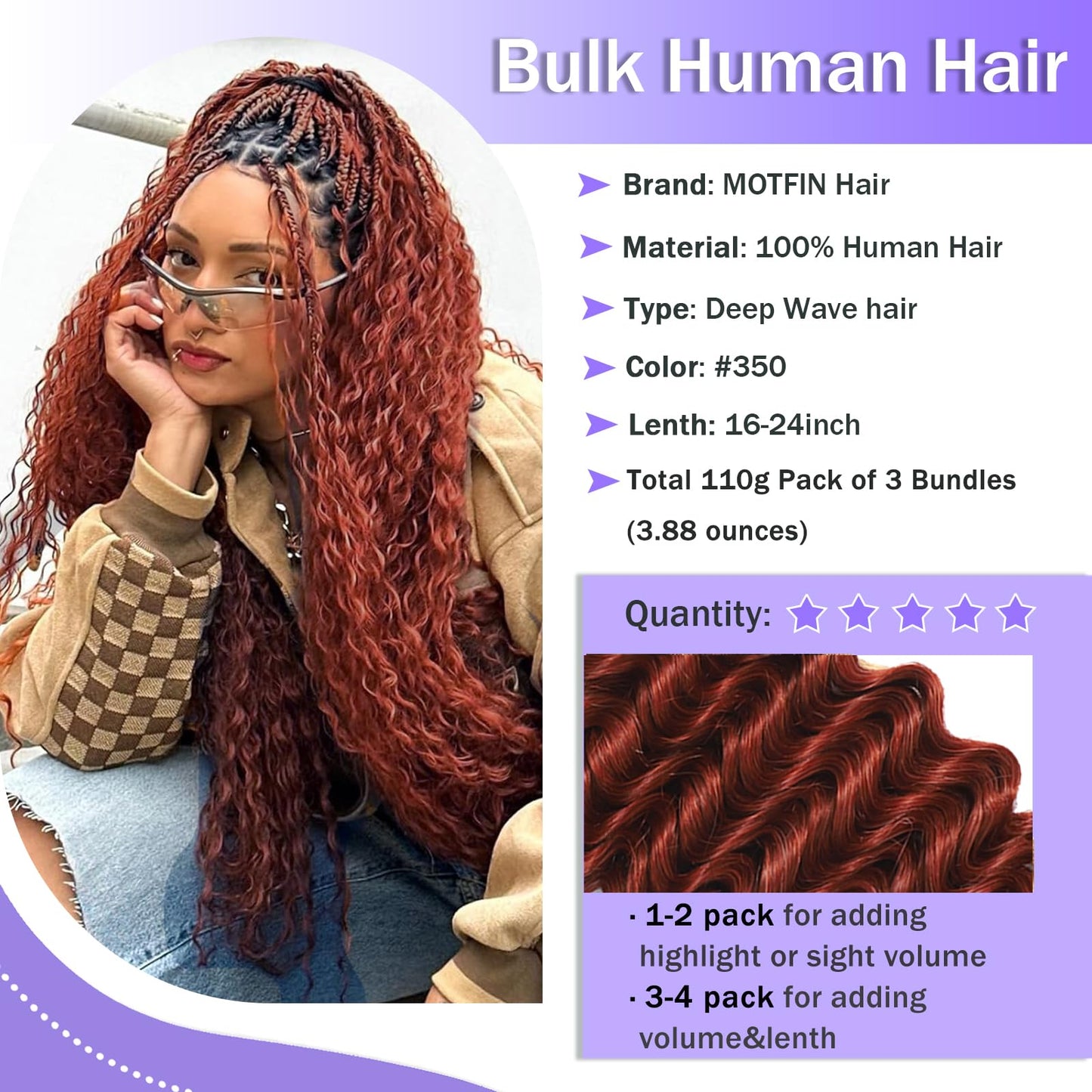 Human Braiding Hair for Boho Braids Human Hair 3 Bundles/Pack 110g 18 Inch Deep Wave Bulk Human Hair for Braiding Curly Knotless 12A Brazilian Virgin Copper