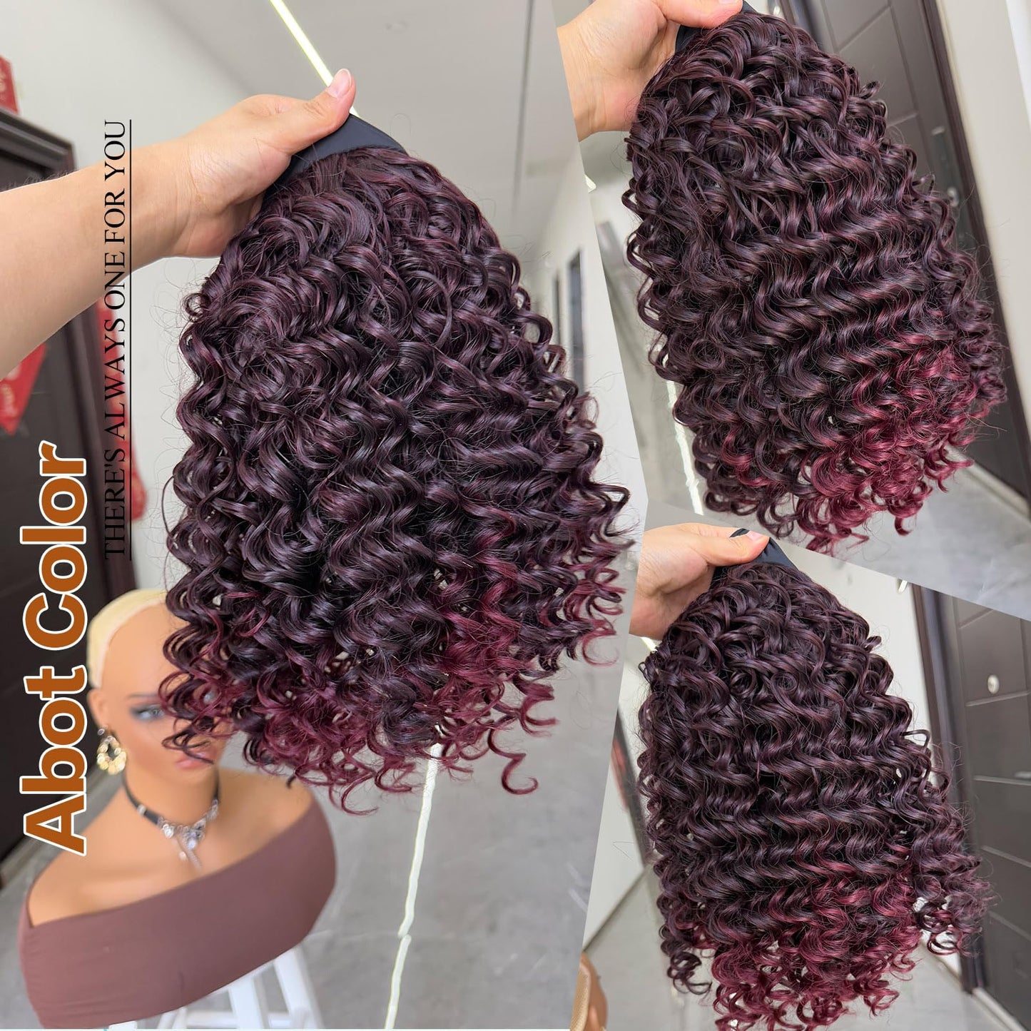 Aisaide Kinky Curly Headband Wig 12 Inch Burgundy Deep Curly Headband Wigs for Women Short Glueless No Lace Deep Curly Half Hair Wigs,Burgundy with Highlighted