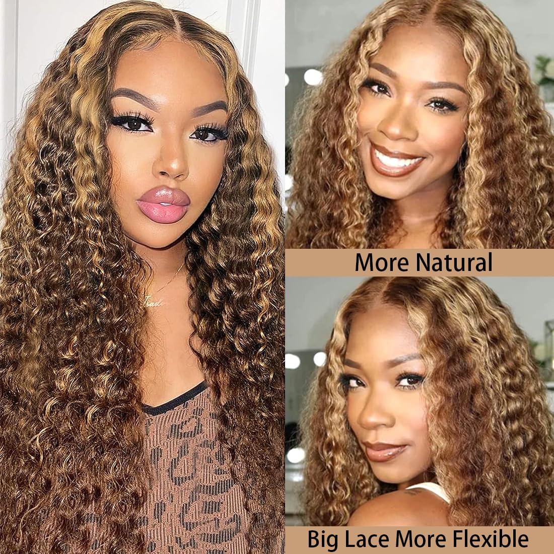 Ladoux Ombre Honey Blonde 13x6 HD Transparent Water Wave Lace Front Human Hair Wigs for Women 180% Density 4/27 Colored Highlight Curly Glueless Wigs 26Inch Pre Plucked with Baby Hair