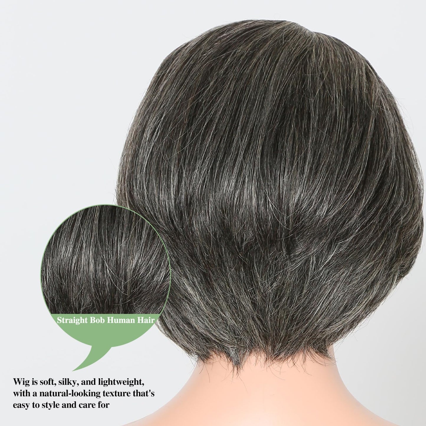 HANASCC 8" Glueless Straight Bob Salt and Pepper Wigs Human Hair Pre Plucked Gray Human Hair Wigs Short Pixie Cut Bob Wig Pre Cut 5x5 Closure HD Transparent Grey Lace Front Wigs for Women
