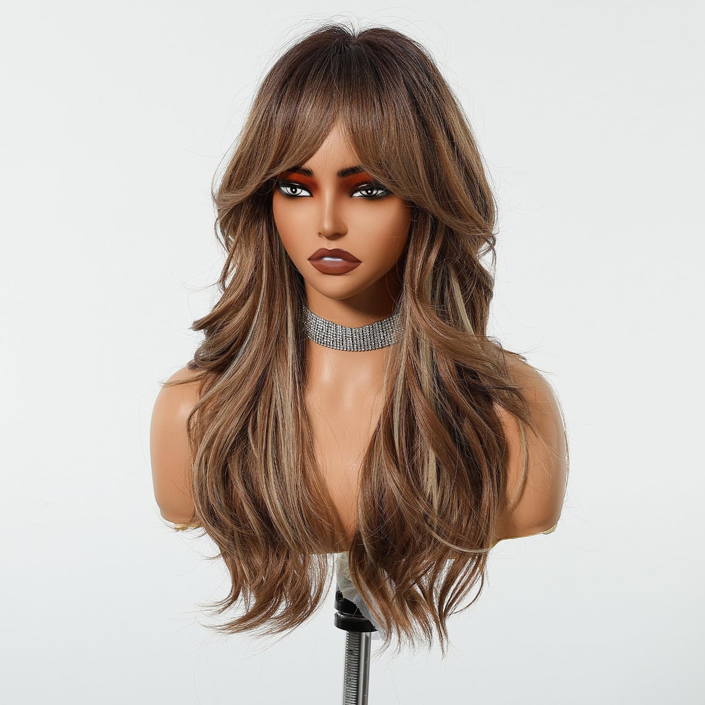Tumhorn Long Brown Layered Wig with Curtain Bangs for Women Highlight Brown Mixed Blonde Wavy Wig Natural Looking Heat Resistant Synthetic Wigs for Daily Party Use