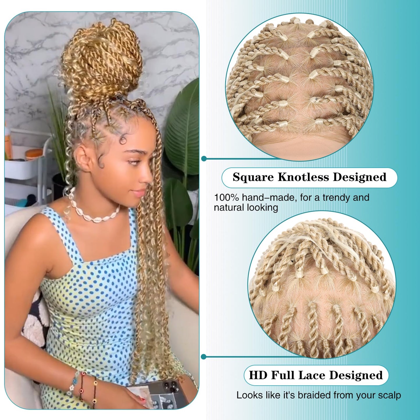 Kalyss HD Full Lace Boho Braided Wigs for Women 360 Lace Front Twist Braided Wigs with Baby Hair Blonde Premium Synthetic Knotless Braid Wig 36"
